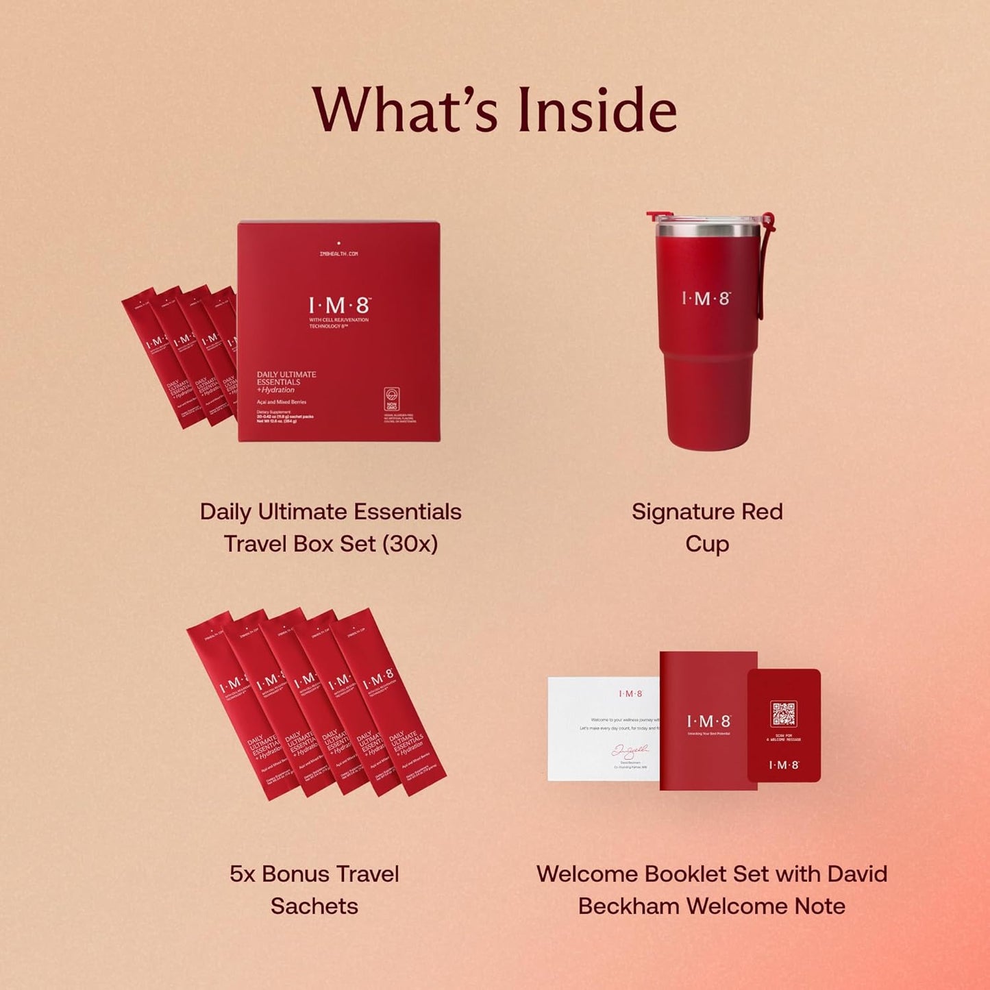 IM8 Daily Ultimate Essentials Multivitamin Supplement with 92 Nutrient-Rich Ingredients, CoQ10, Probiotics, Vitamins, Greens, Acai Mixed Berry Flavor - 30 Servings with Travel Packs and Tumbler