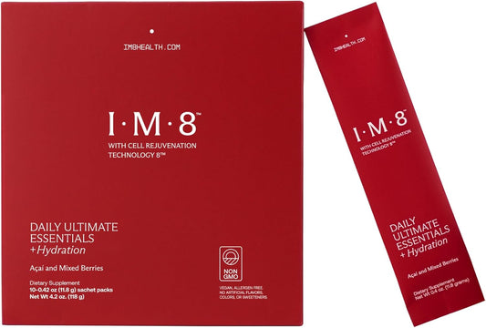 IM8 Daily Ultimate Essentials Multivitamin with CoQ10, Probiotics, Vitamins, Greens - Gluten Free, Vegan, Acai Mixed Berry - 10 Servings