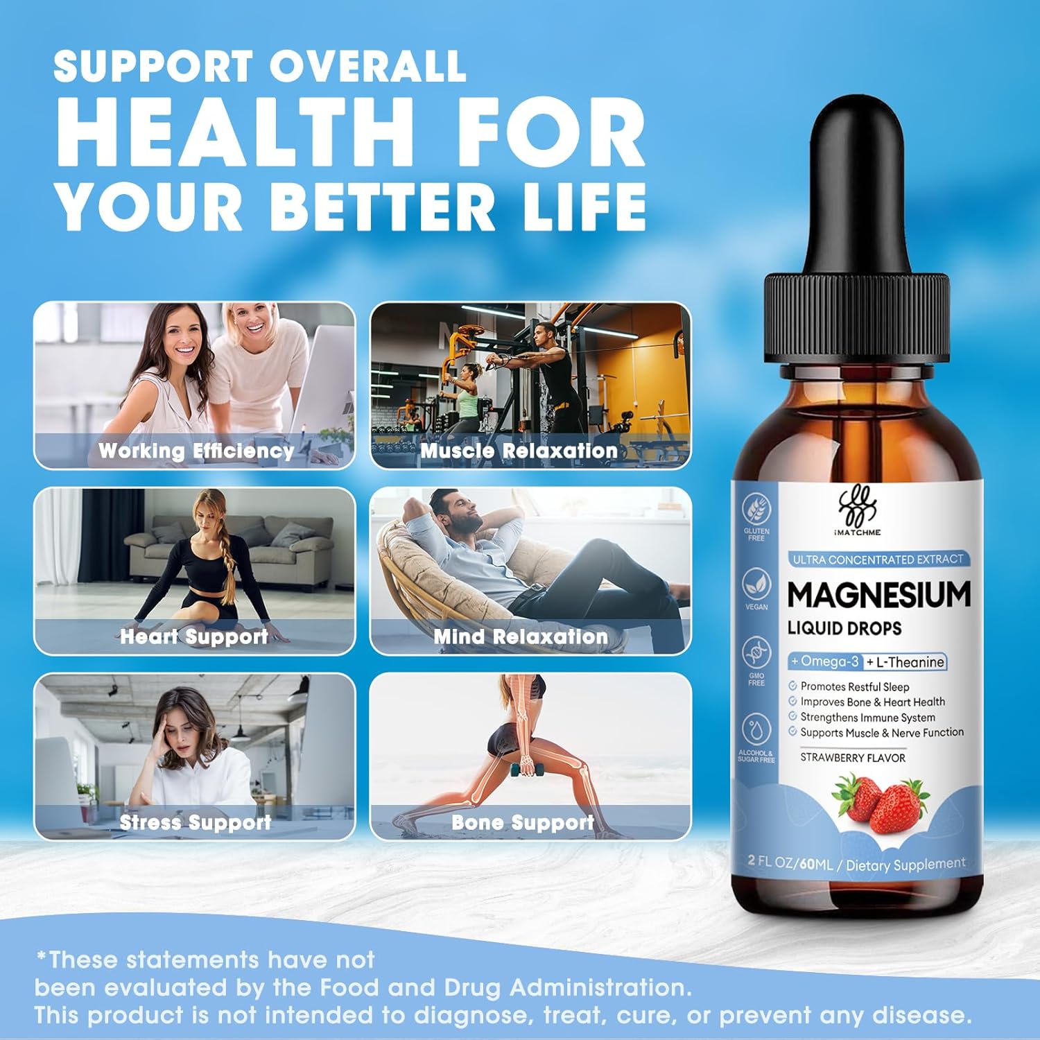 iMATCHME Magnesium Glycinate Liquid Drops (2 Pack) with Citrate, Oxide, Taurate, Omega3, L-Theanine, D3, B6, B12 - Calm, Sleep, Leg Cramps, Energy - Sugar-Free Strawberry Flavor