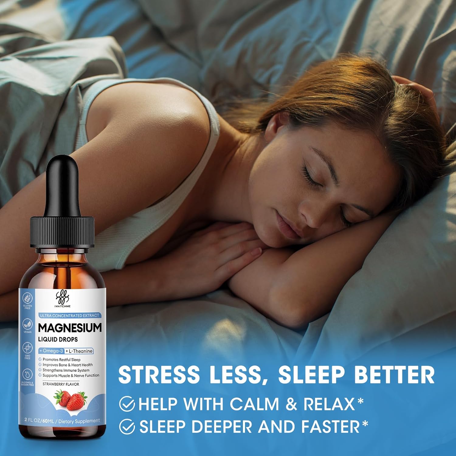 iMATCHME Magnesium Glycinate Liquid Drops (2 Pack) with Citrate, Oxide, Taurate, Omega3, L-Theanine, D3, B6, B12 - Calm, Sleep, Leg Cramps, Energy - Sugar-Free Strawberry Flavor