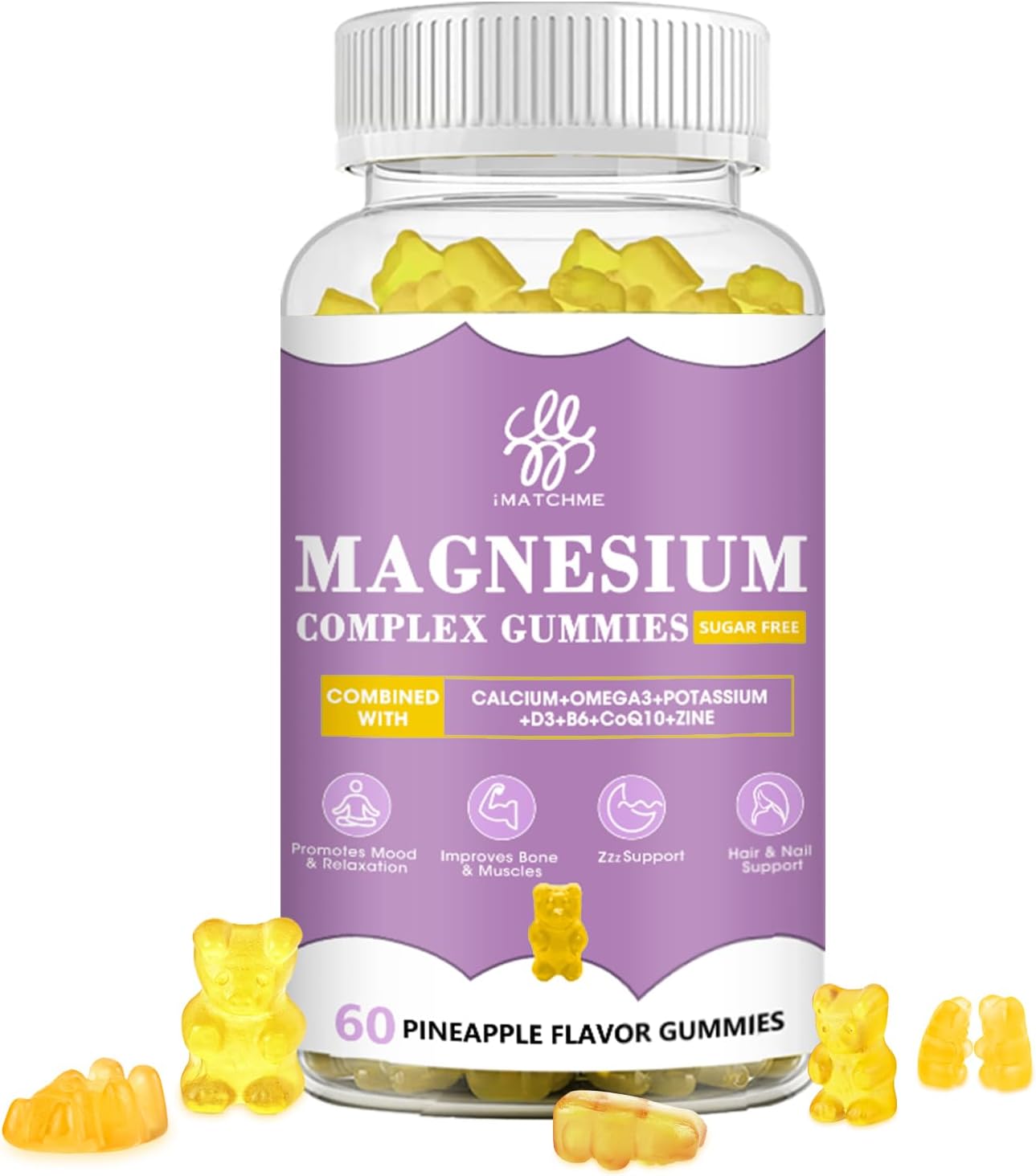 iMATCHME Magnesium Gummies with Potassium Complex, CoQ10, Calcium - Memory, Bone, Calm, Sleep Support - 60 Pineapple Gummies