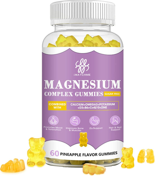 iMATCHME Magnesium Gummies with Potassium Complex, CoQ10, Calcium - Memory, Bone, Calm, Sleep Support - 60 Pineapple Gummies