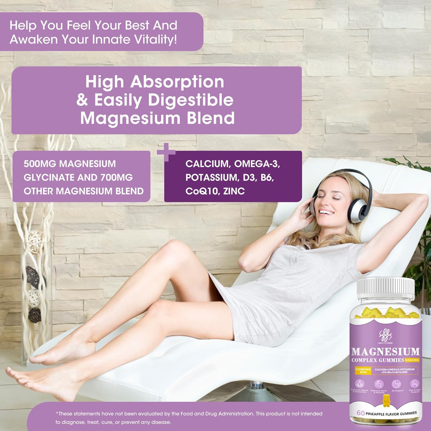 iMATCHME Magnesium Gummies with Potassium Complex, CoQ10, Calcium - Memory, Bone, Calm, Sleep Support - 60 Pineapple Gummies