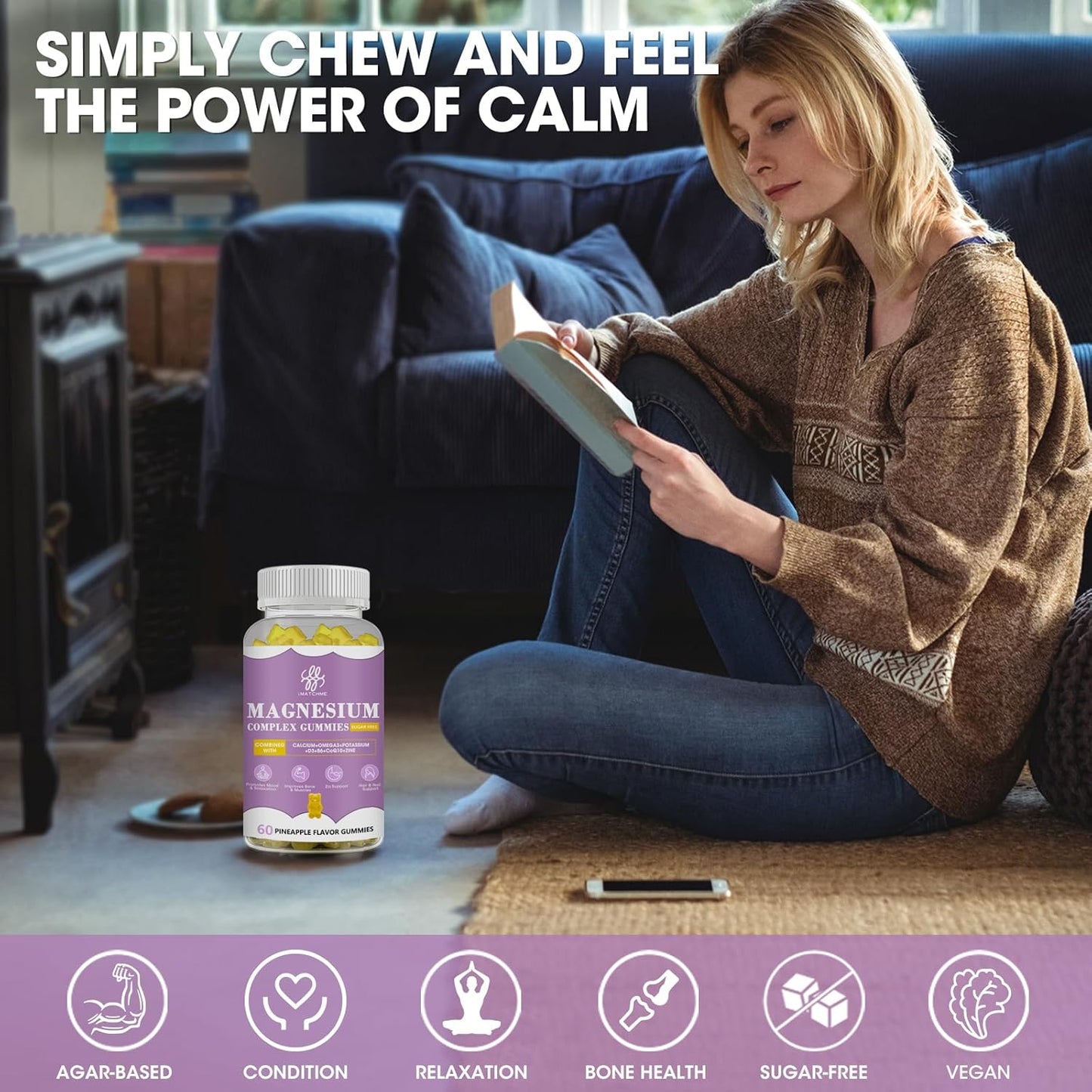 iMATCHME Magnesium Gummies with Potassium Complex, CoQ10, Calcium - Memory, Bone, Calm, Sleep Support - 60 Pineapple Gummies