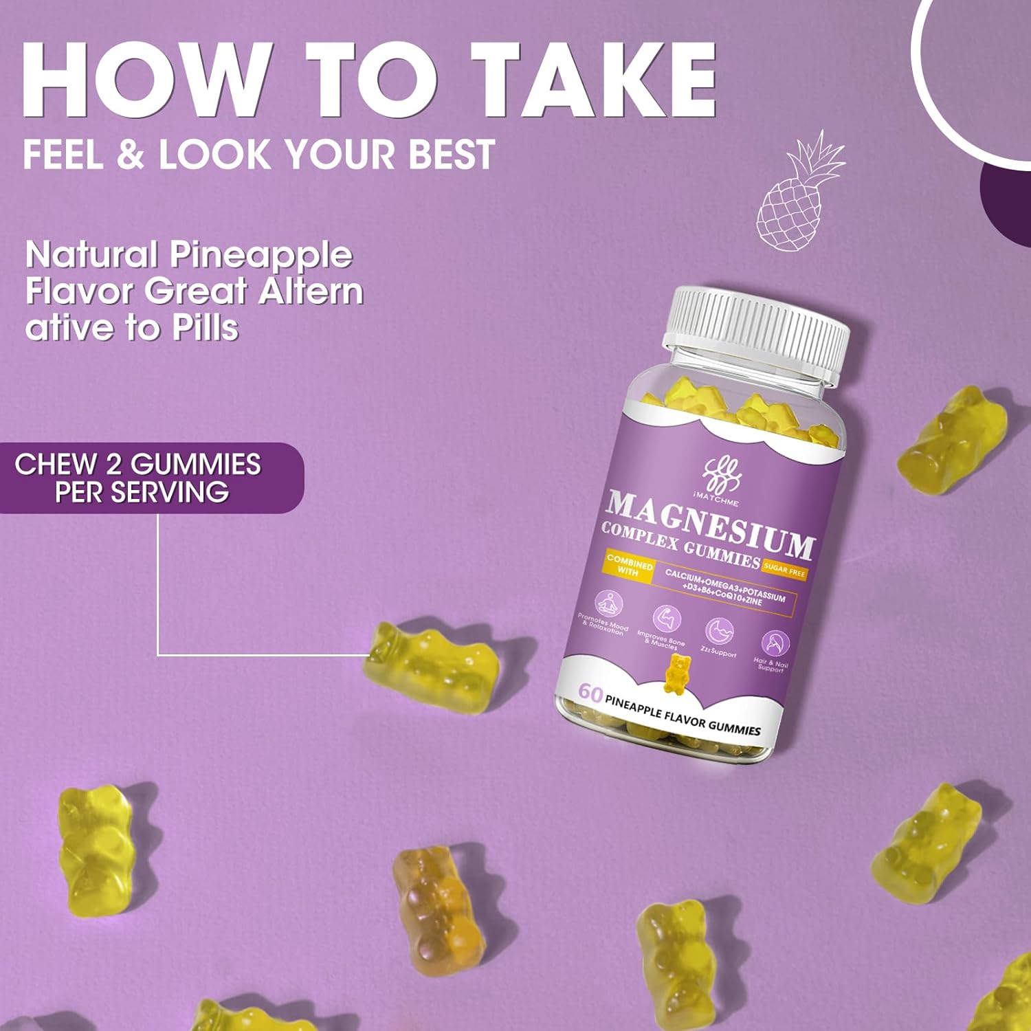 iMATCHME Magnesium Gummies with Potassium Complex, CoQ10, Calcium - Memory, Bone, Calm, Sleep Support - 60 Pineapple Gummies