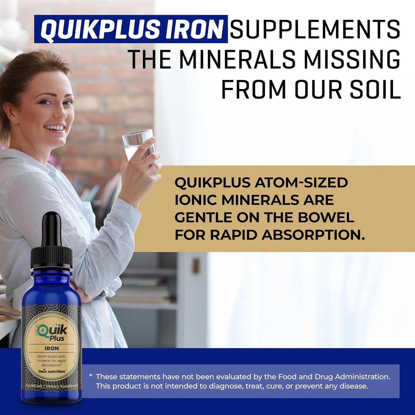 Imix Nutrition QuikPlus Iron: High Absorption Ionic Liquid Mineral Supplement for Hemoglobin & Ferritin - Vegan, Gluten-Free - 2 oz Bottle