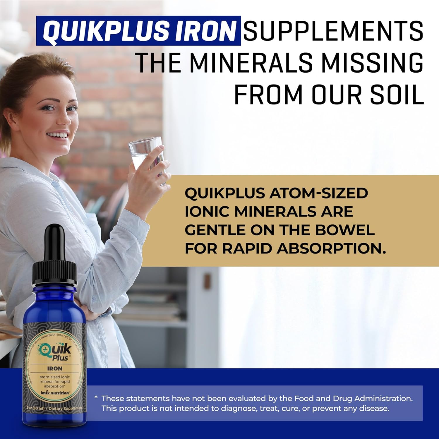 Imix Nutrition QuikPlus Iron: High Absorption Ionic Liquid Mineral Supplement for Hemoglobin & Ferritin - Vegan, Gluten-Free - 2 oz Bottle