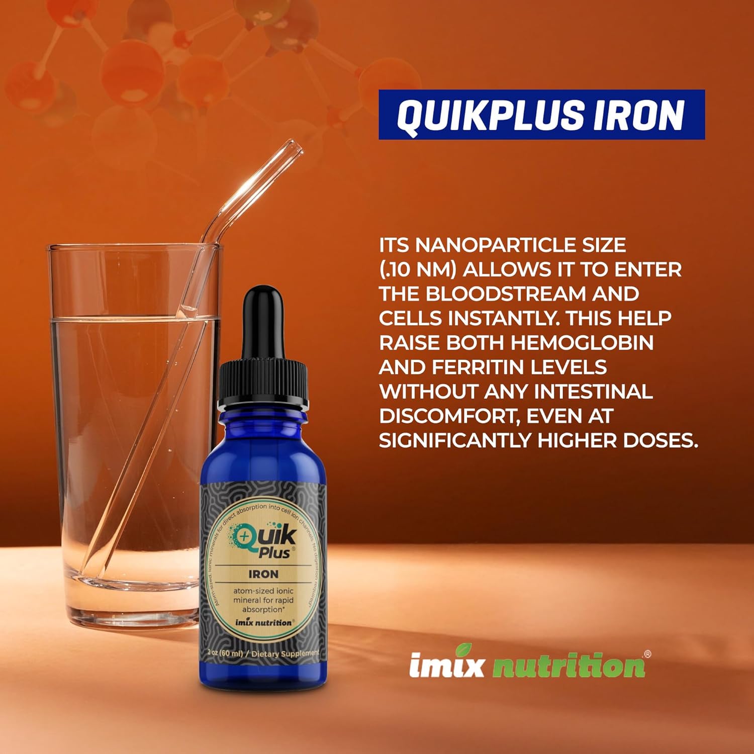 Imix Nutrition QuikPlus Iron: High Absorption Ionic Liquid Mineral Supplement for Hemoglobin & Ferritin - Vegan, Gluten-Free - 2 oz Bottle
