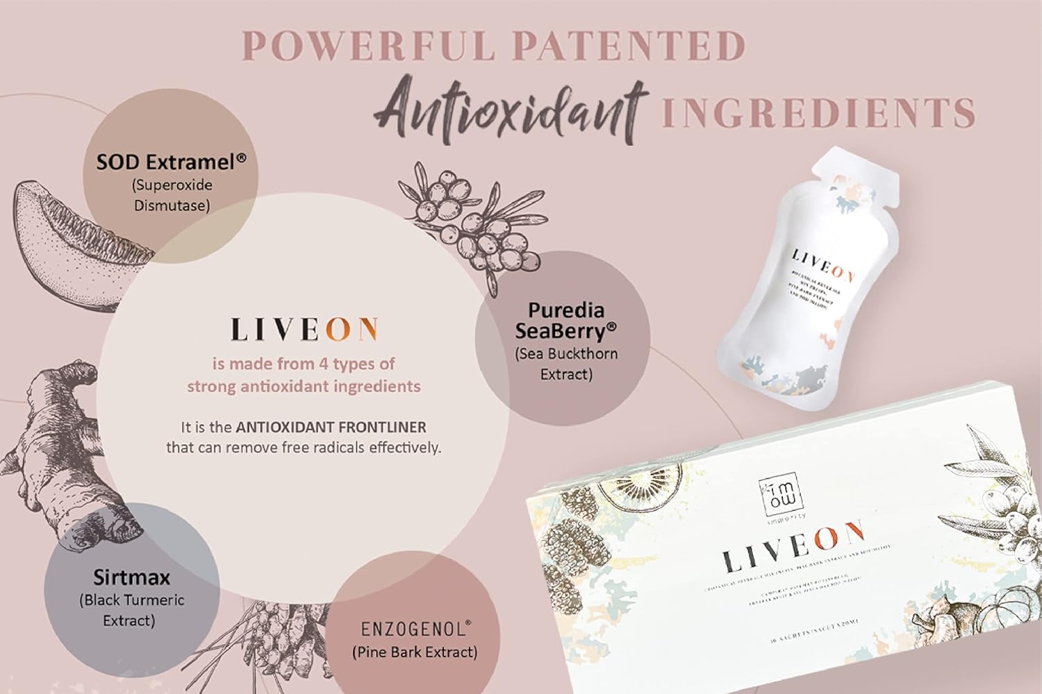 Immority Liveon Natural Pine Bark Extract Beverage Mix with Fruits - 32 Sachets, 4X Antioxidant Power for Youthful Skin
