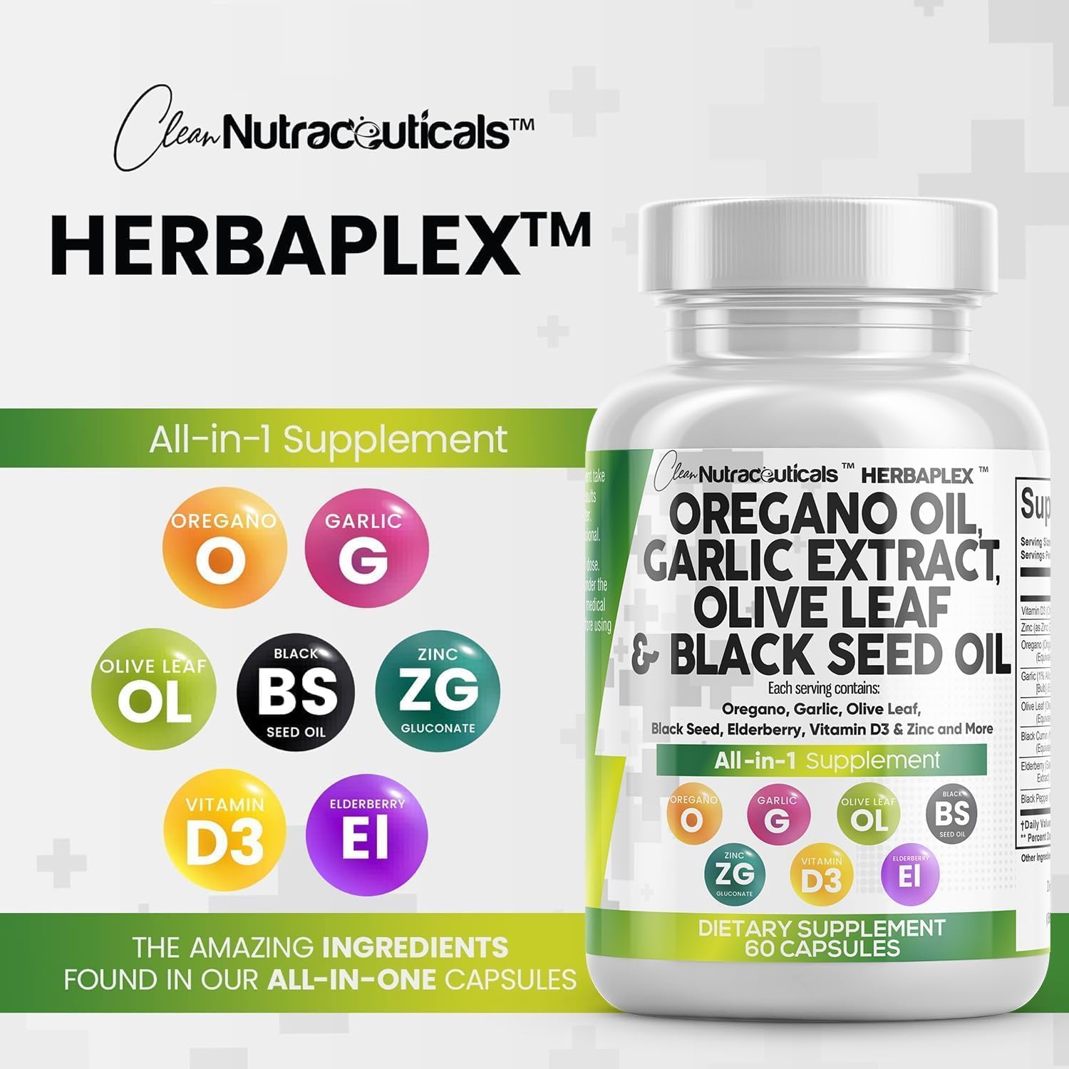 Immune and Digestive Health Supplement Bundle: Oregano Oil, Garlic Extract, Olive Leaf, Black Seed Oil, Vitamin D3, and Zinc - 5 Pack