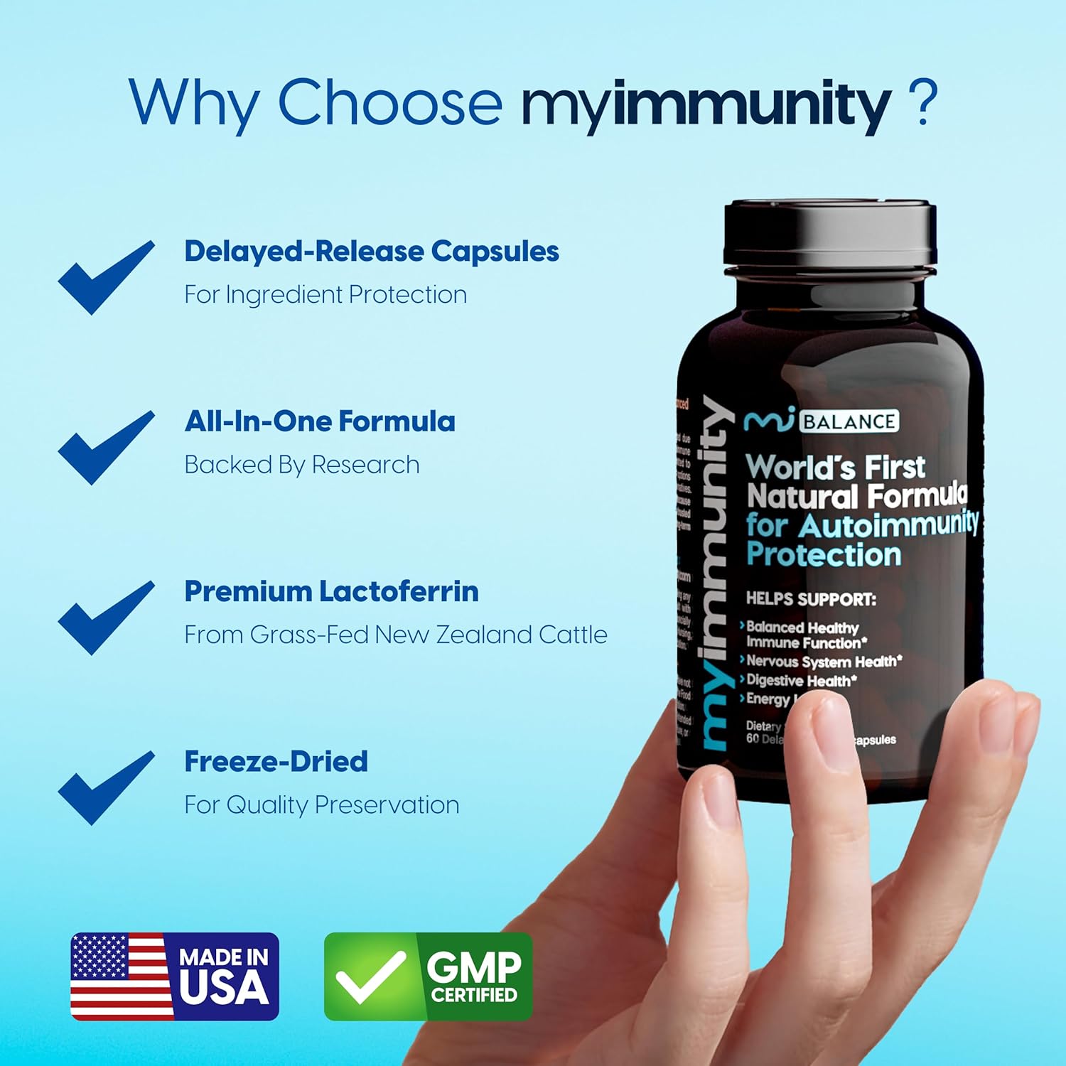 Immune Balance Supplement with Grass-Fed Lactoferrin, Taurine, Vitamins D3, K2 & B12 | Delayed-Release for Gut & Overall Wellness | Low Lactose, USA-Made