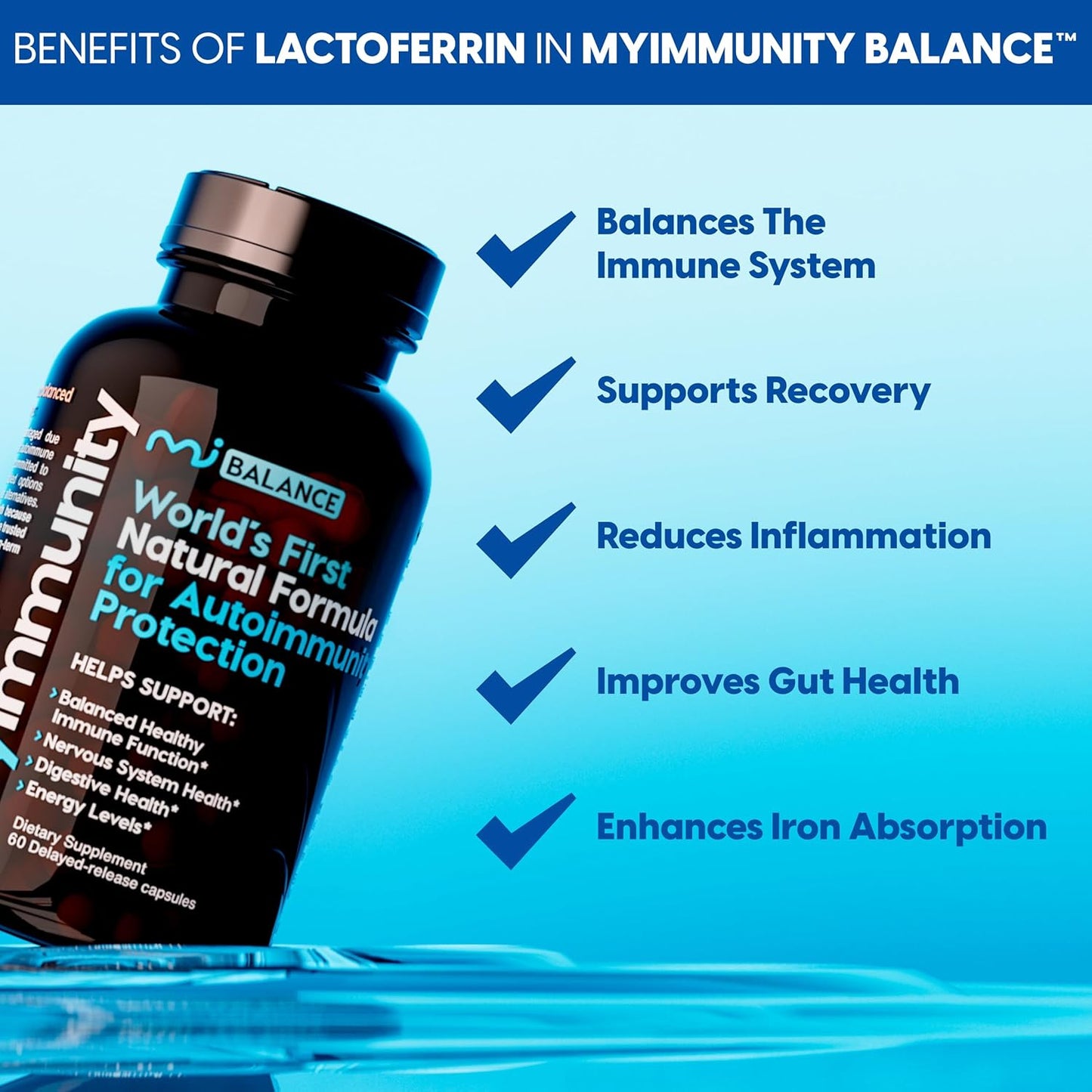 Immune Balance Supplement with Grass-Fed Lactoferrin, Taurine, Vitamins D3, K2 & B12 | Delayed-Release for Gut & Overall Wellness | Low Lactose, USA-Made