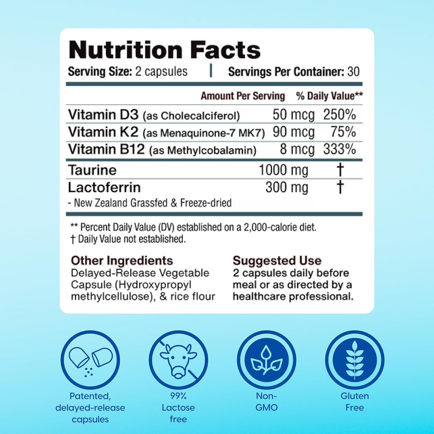 Immune Balance Supplement with Grass-Fed Lactoferrin, Taurine, Vitamins D3, K2 & B12 | Delayed-Release for Gut & Overall Wellness | Low Lactose, USA-Made