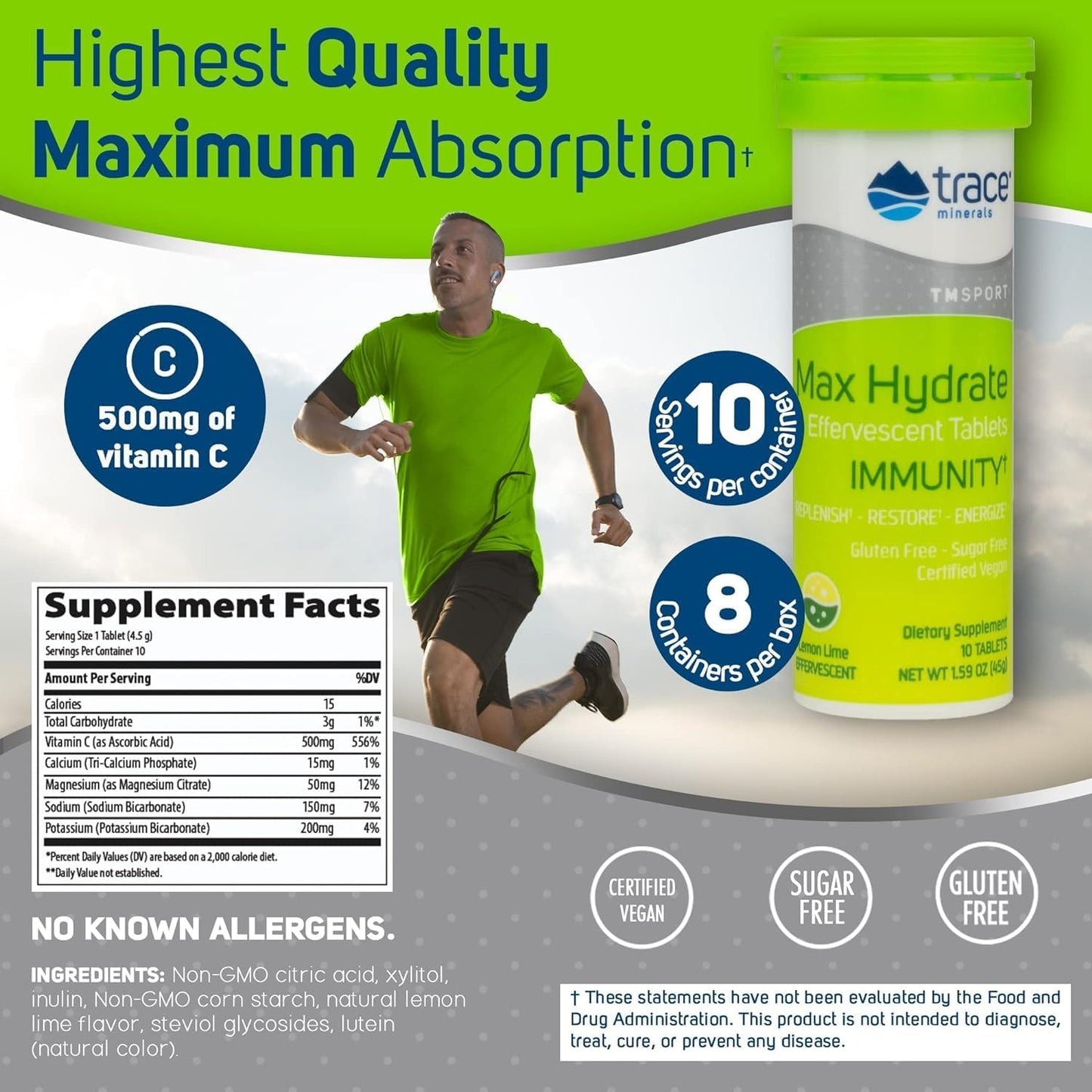 Immune-Boosting Electrolyte Drink Supplement for Hydration & Muscle Cramp Relief - Lemon Lime Flavor, 80 Servings