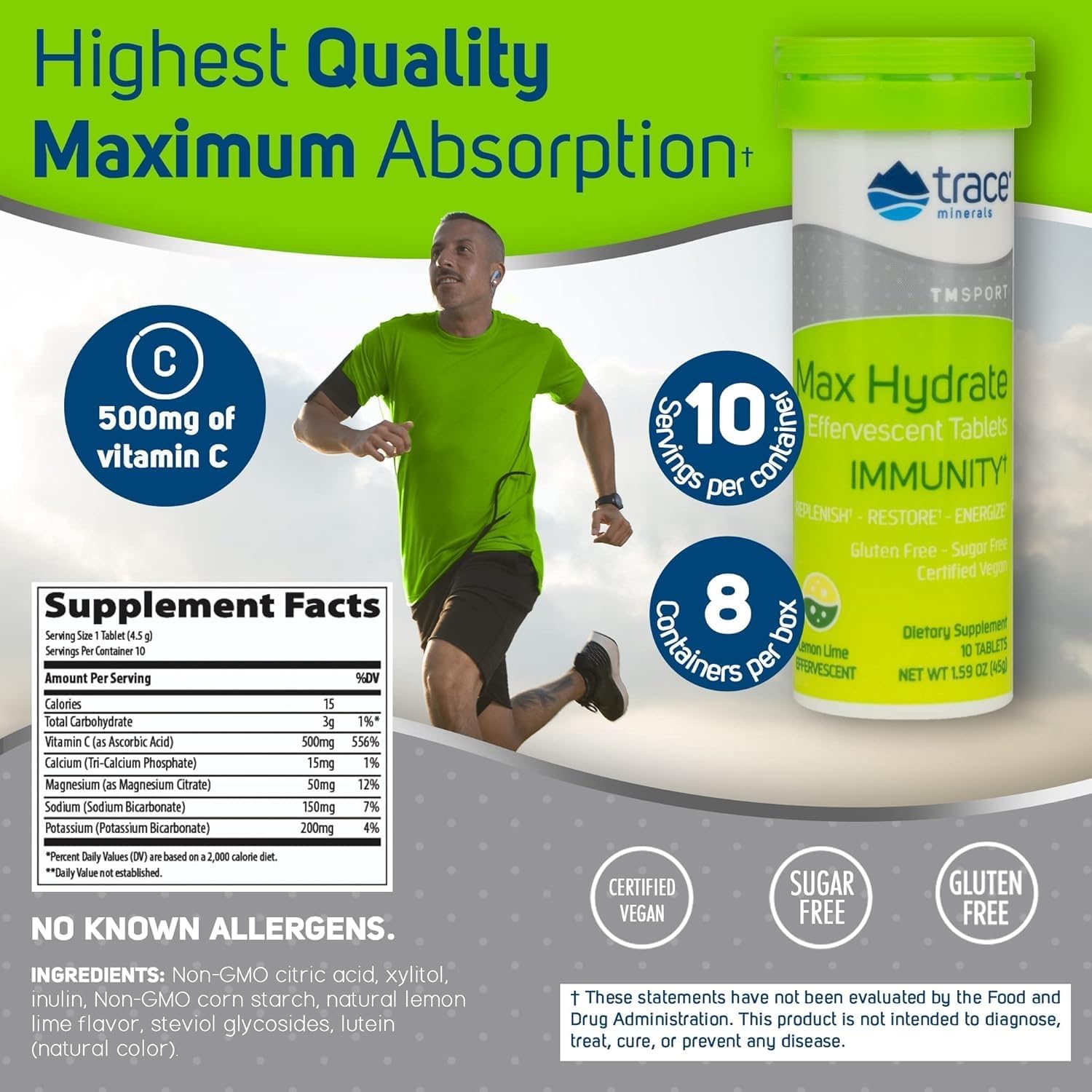 Immune-Boosting Electrolyte Drink Supplement for Hydration & Muscle Cramp Relief - Lemon Lime Flavor, 80 Servings