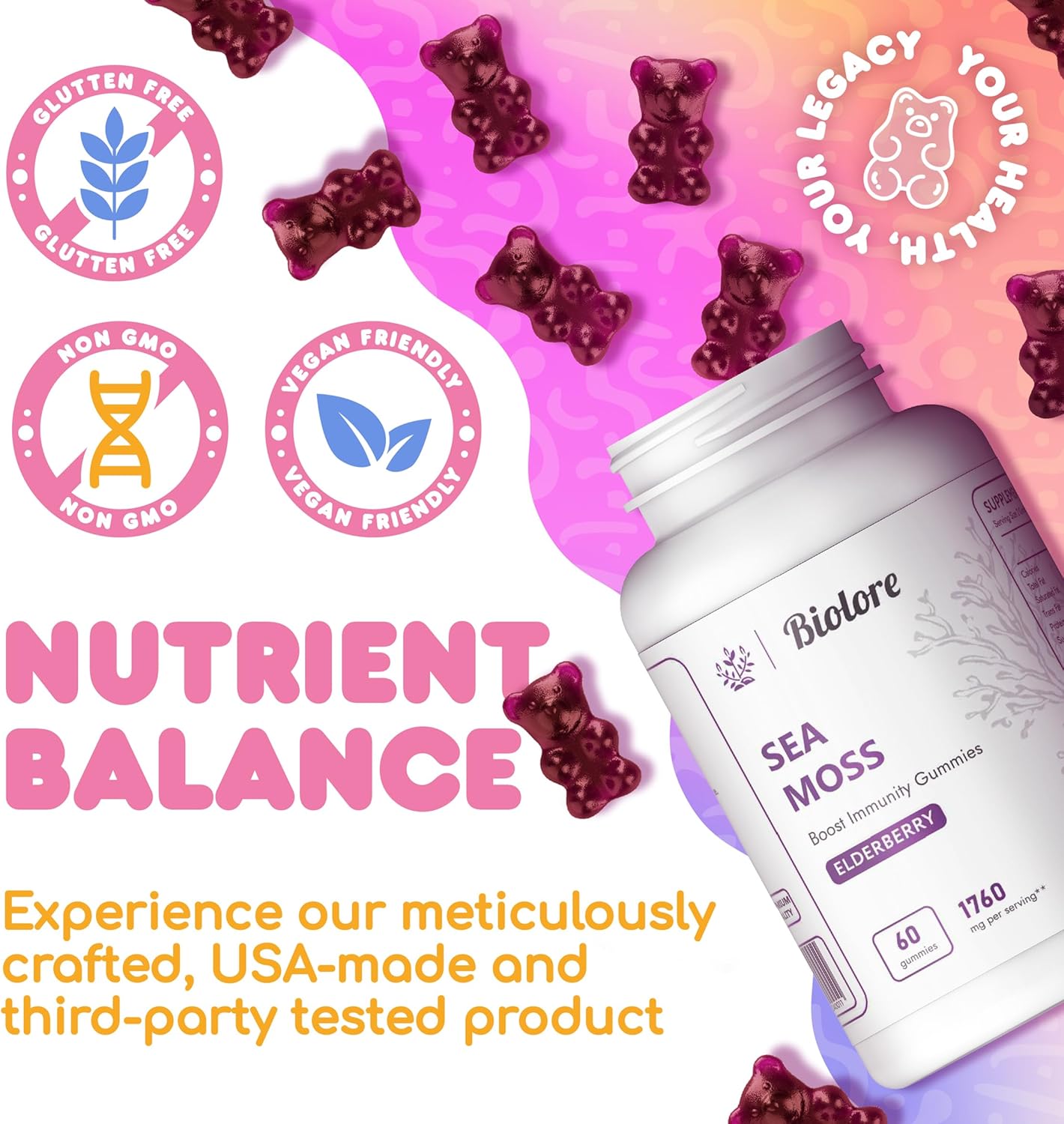 Immune-Boosting Sea Moss Gummies with Elderberry, Burdock Root, Bladderwrack - 240 pcs (2 Pack) for Overall Wellness and Health