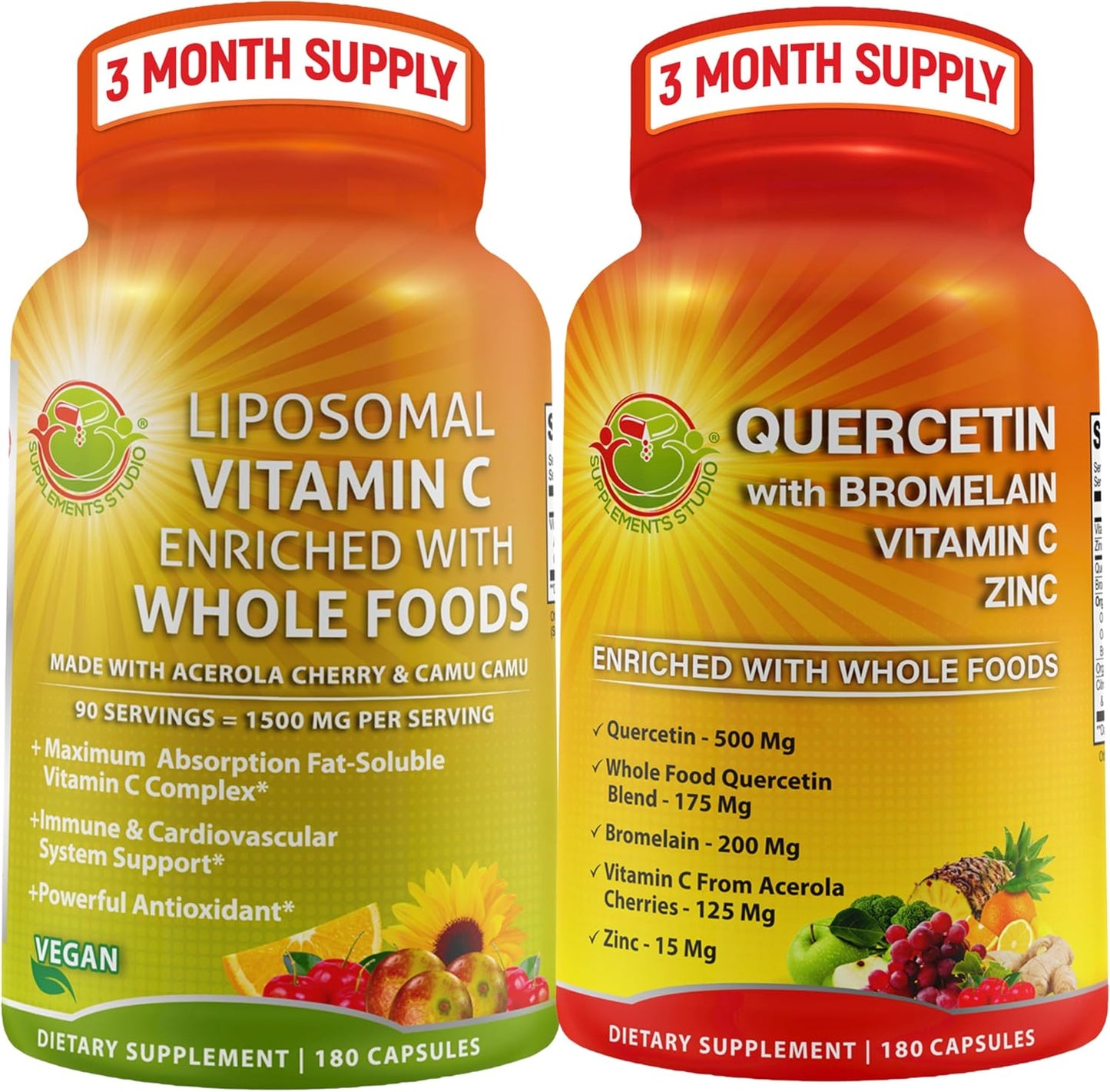 Immune-Boosting Supplement Bundle: Quercetin with Bromelain and Liposomal Vitamin C 1500mg for Overall Health Support