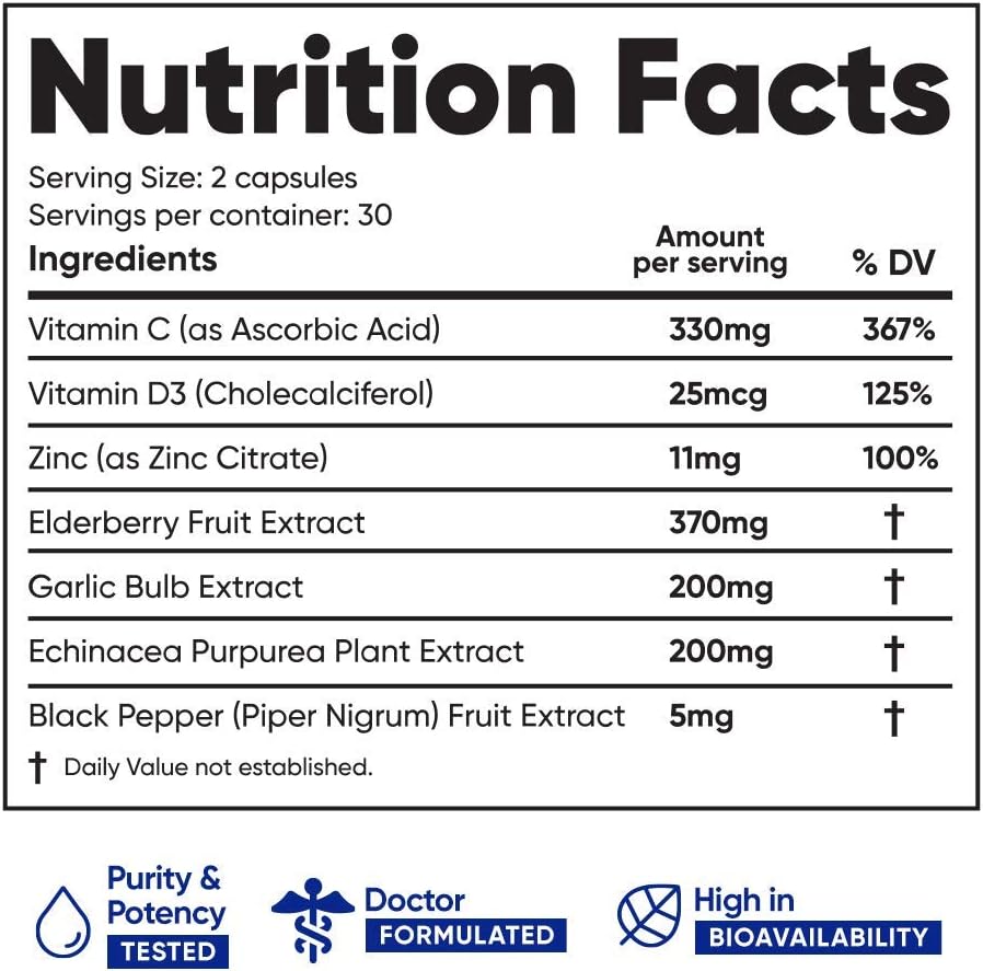 Immune Defense Supplement with Vitamin C, D3, Zinc, Elderberries, Garlic, Echinacea - 3 Pack for Overall Health & Wellness