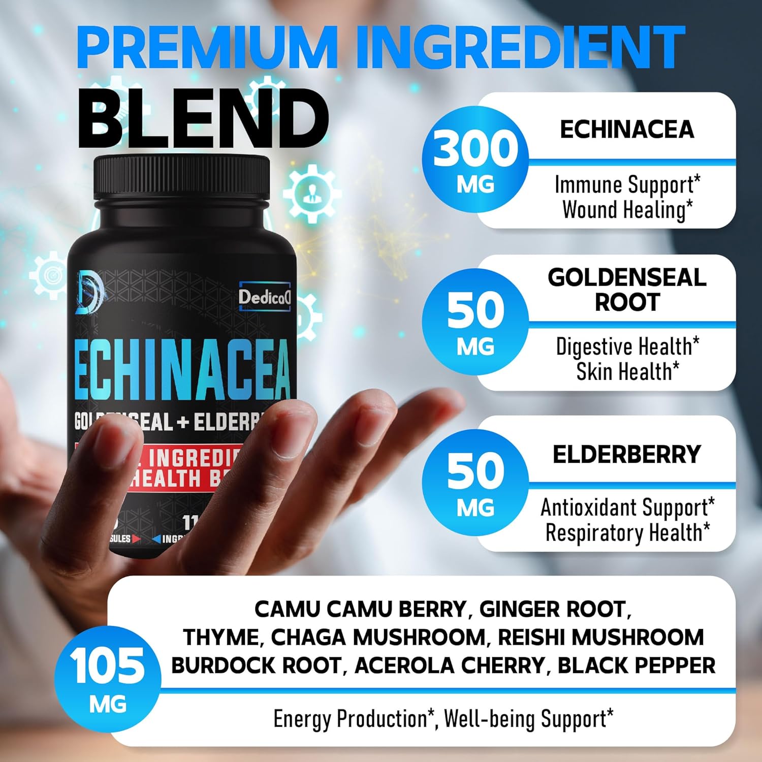 Immune Defense Support Supplement - 11 Herb Blend with Echinacea, Goldenseal, Elderberry - 5 Month Supply - 150 Capsules