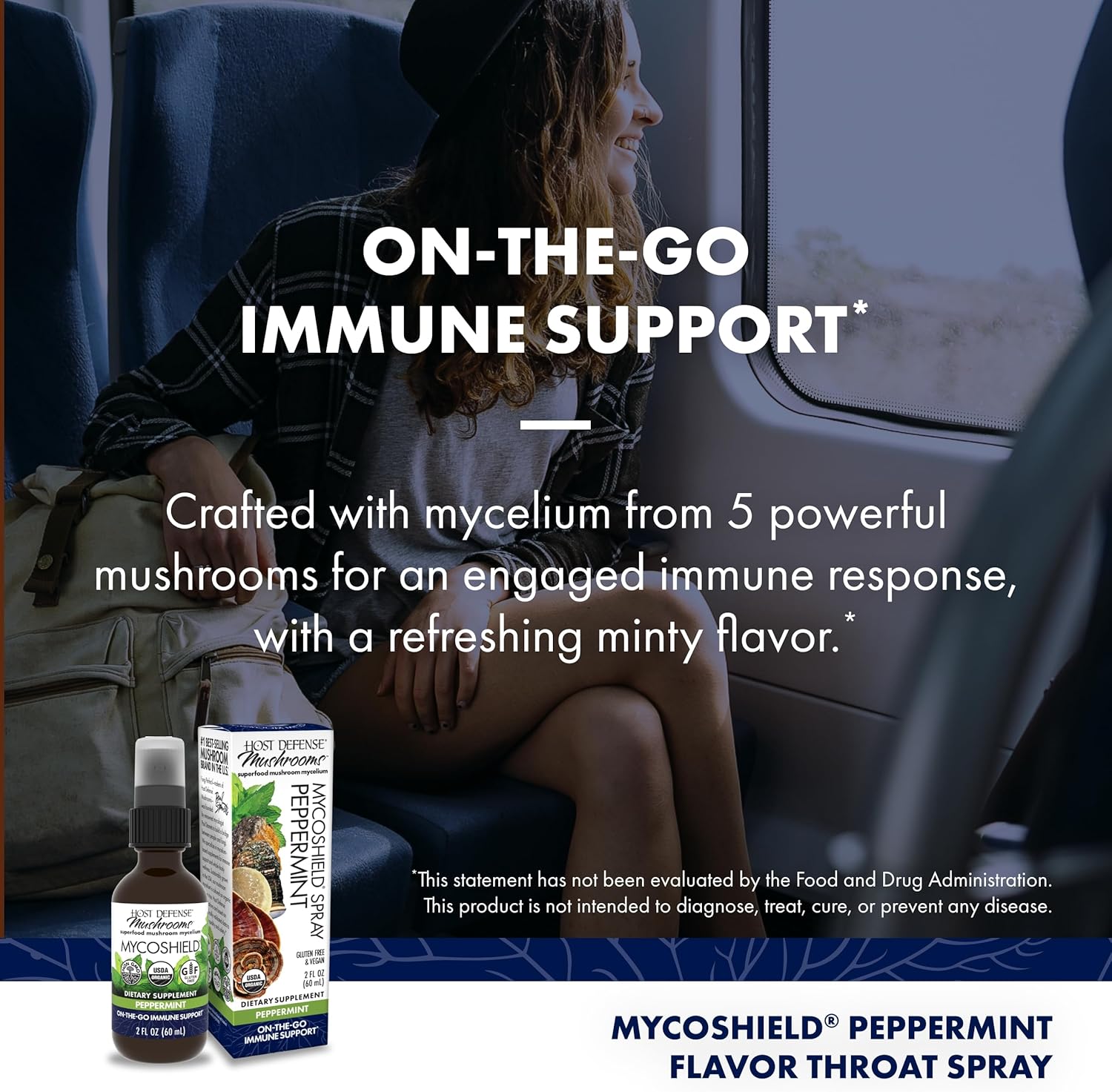 Immune Health Support Throat Spray with Chaga, Reishi, Turkey Tail - Host Defense MycoShield - On-The-Go Immune Support - 2 fl oz