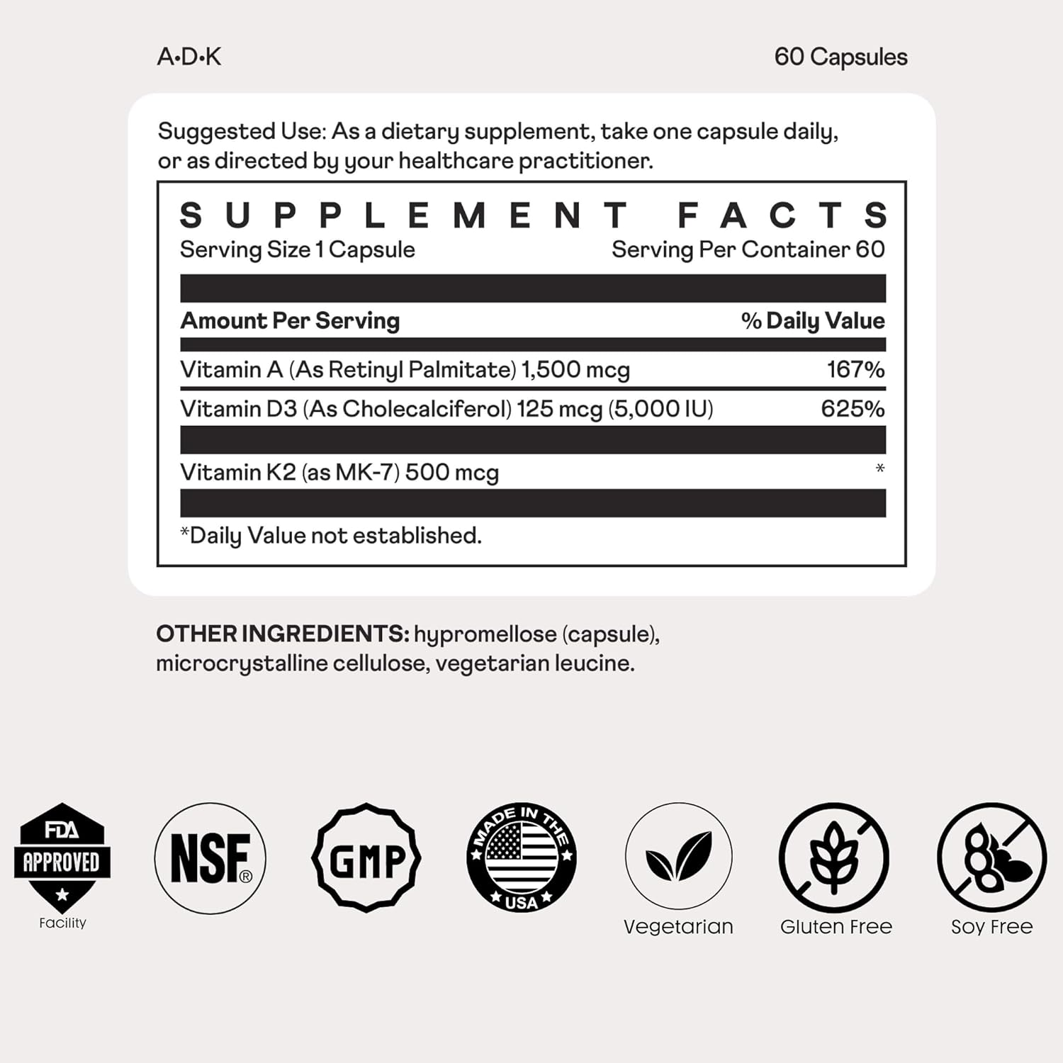 Immune Support & Bone Health Vitamin Complex with A, D3, & K2 - Vegetarian & Gluten Free - 60 Capsules