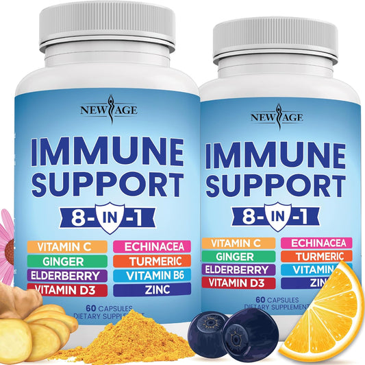 Immune Support Booster Supplement - 8-in-1 Blend with Echinacea, Vitamin C, Zinc, Vitamin D, Turmeric, Ginger, B6, Elderberry - 240 Count