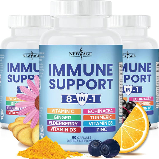 Immune Support Booster Supplement with Echinacea, Vitamin C, Zinc, Turmeric, Ginger, B6, Elderberry, Vitamin D - Pack of 3