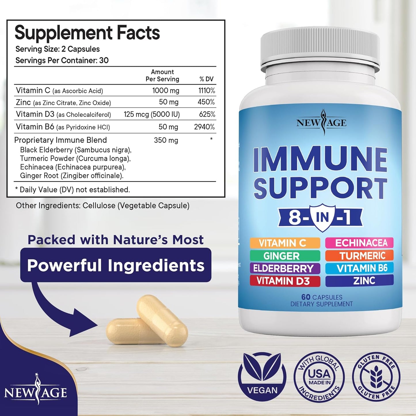 Immune Support Booster Supplement with Echinacea, Vitamin C, Zinc, Turmeric, Ginger, B6, Elderberry, Vitamin D - Pack of 3