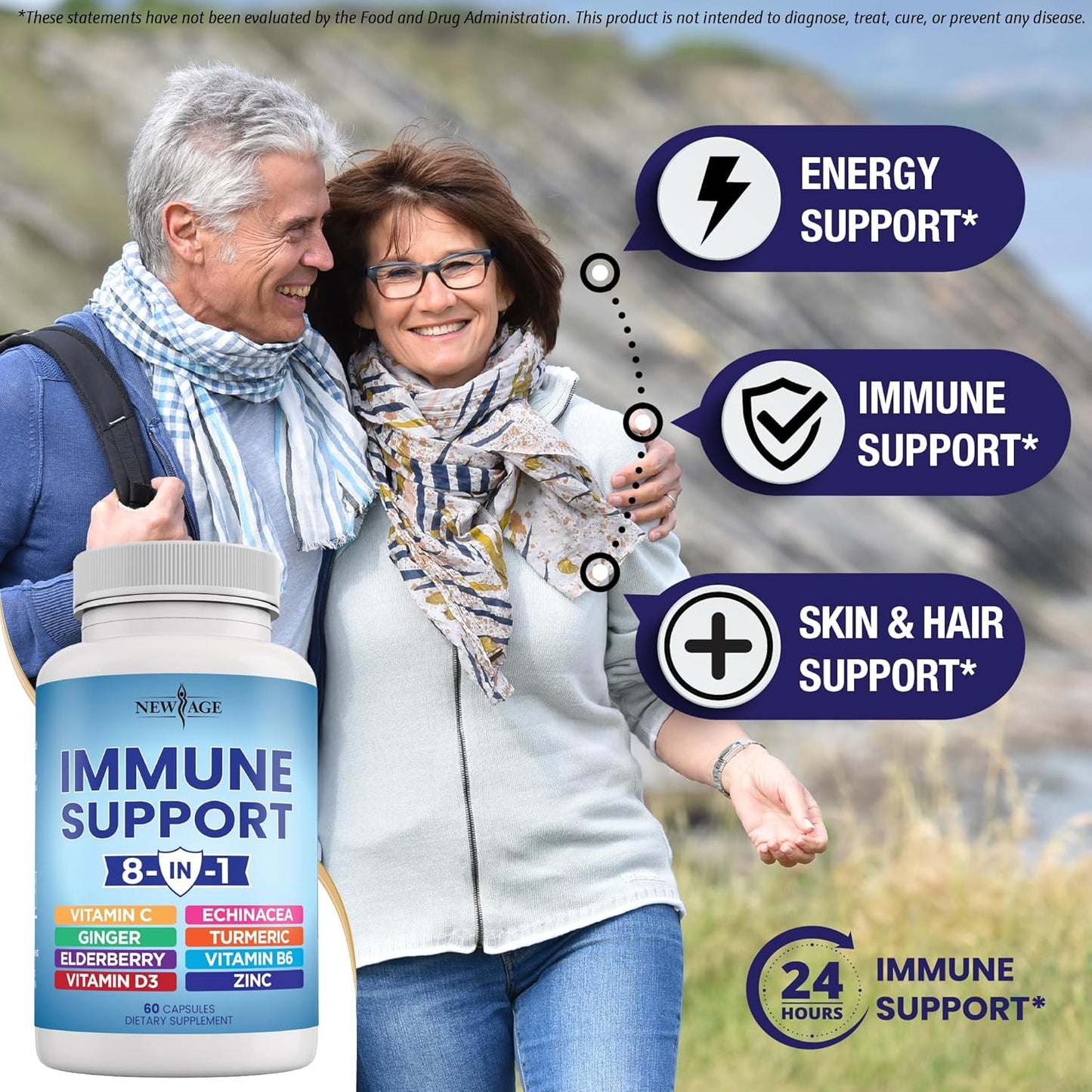 Immune Support Booster Supplement with Echinacea, Vitamin C, Zinc, Turmeric, Ginger, B6, Elderberry, Vitamin D - Pack of 3