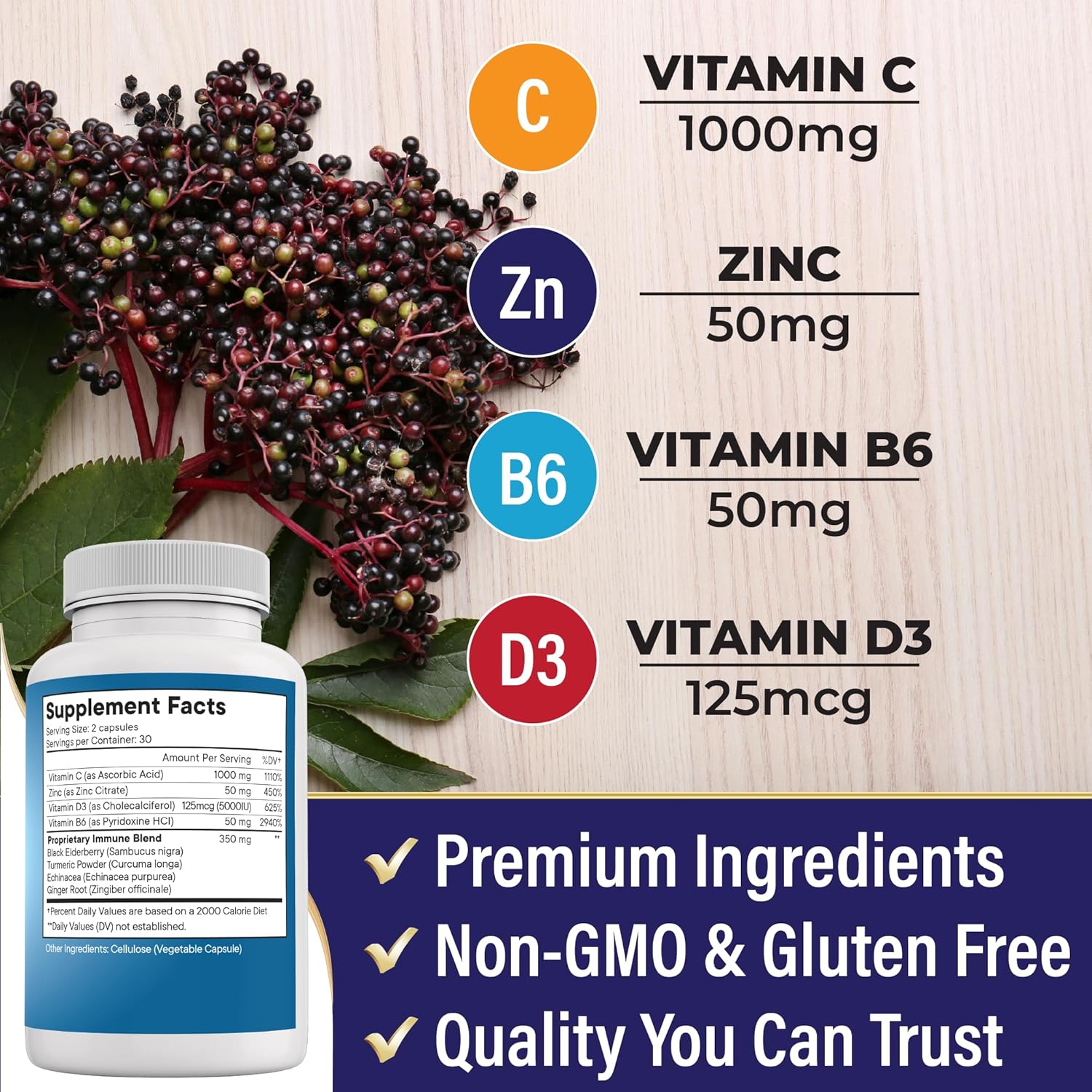 Immune Support Booster Supplement with Echinacea, Vitamin C, Zinc, Turmeric, Ginger, B6, Elderberry, Vitamin D - Pack of 3