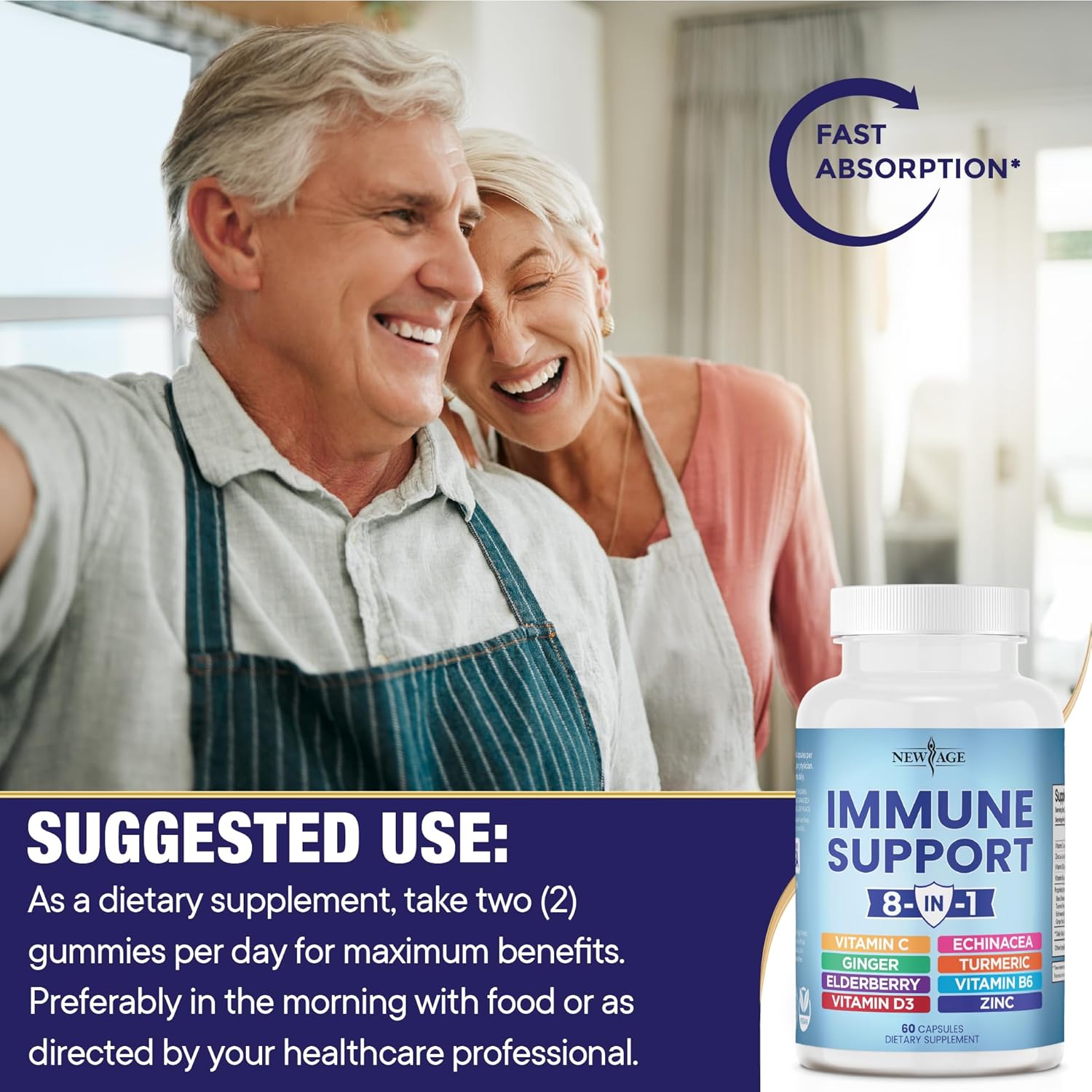 Immune Support Booster Supplement with Echinacea, Vitamin C, Zinc, Turmeric, Ginger, B6, Elderberry, Vitamin D - Pack of 3