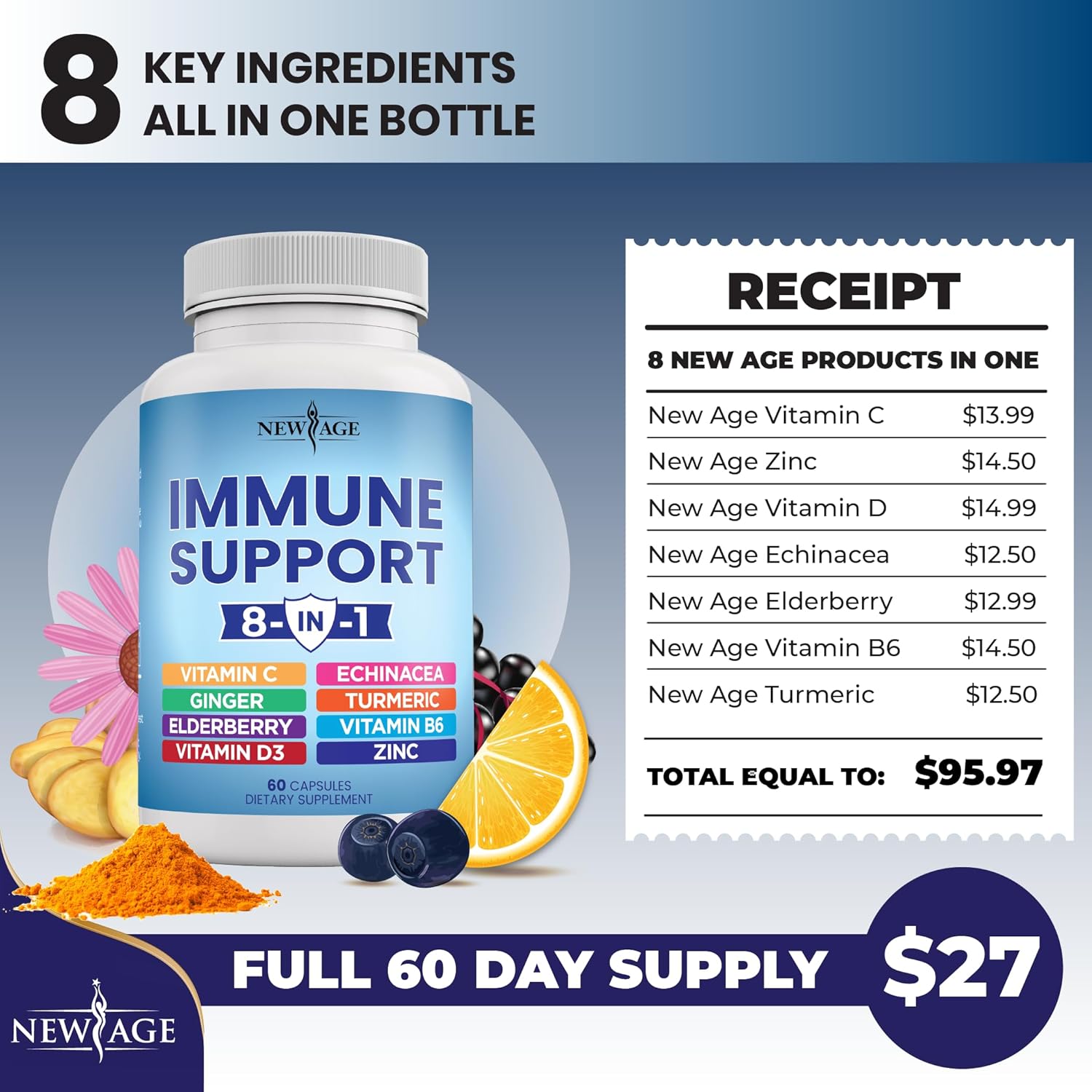 Immune Support Booster Supplement with Echinacea, Vitamin C, Zinc, Turmeric, Ginger, B6, Elderberry, Vitamin D - Pack of 3