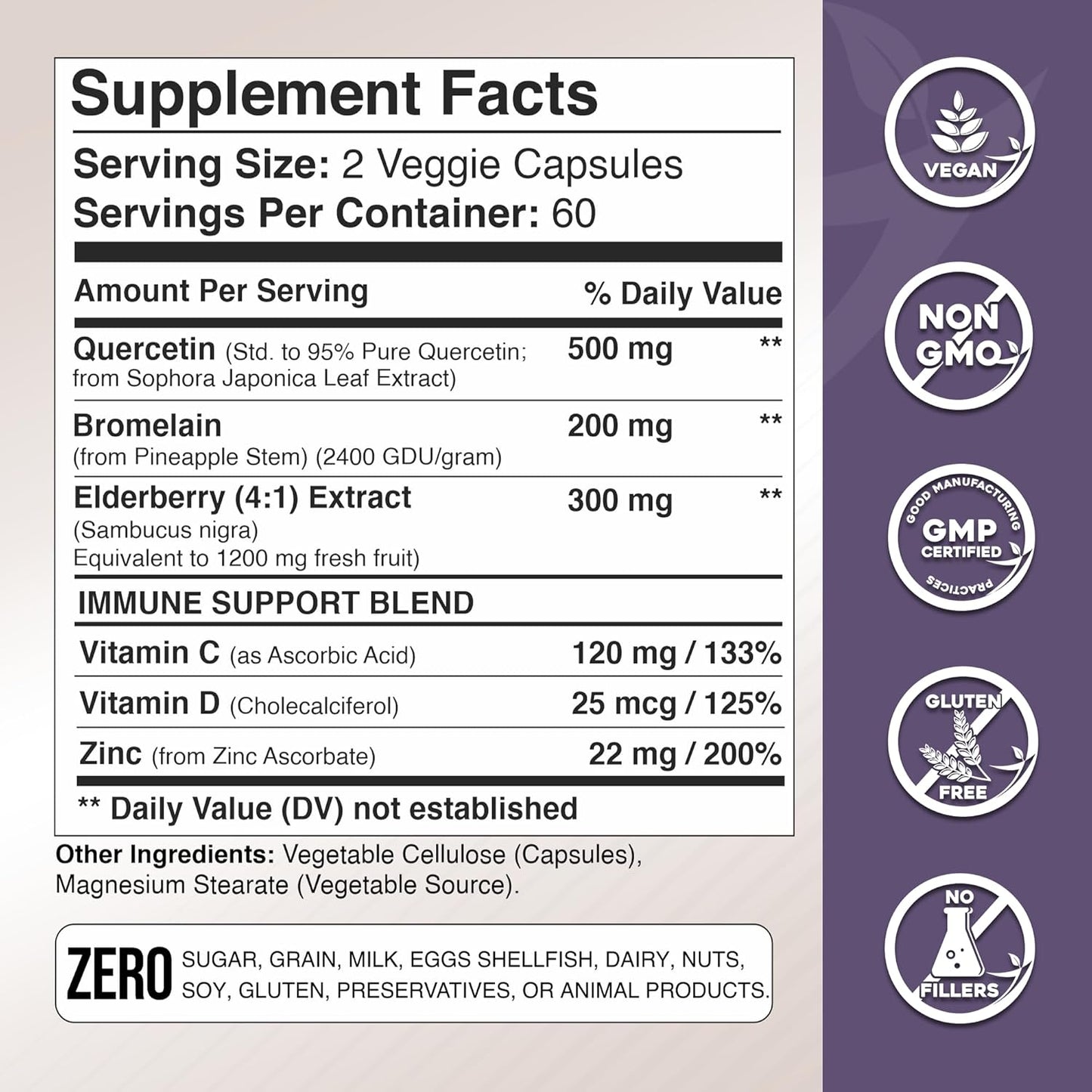 Immune Support Bundle: Quercetin, Bromelain, Elderberry, Vitamin C, Zinc, and Vitamin D3 - 2 Months Supply