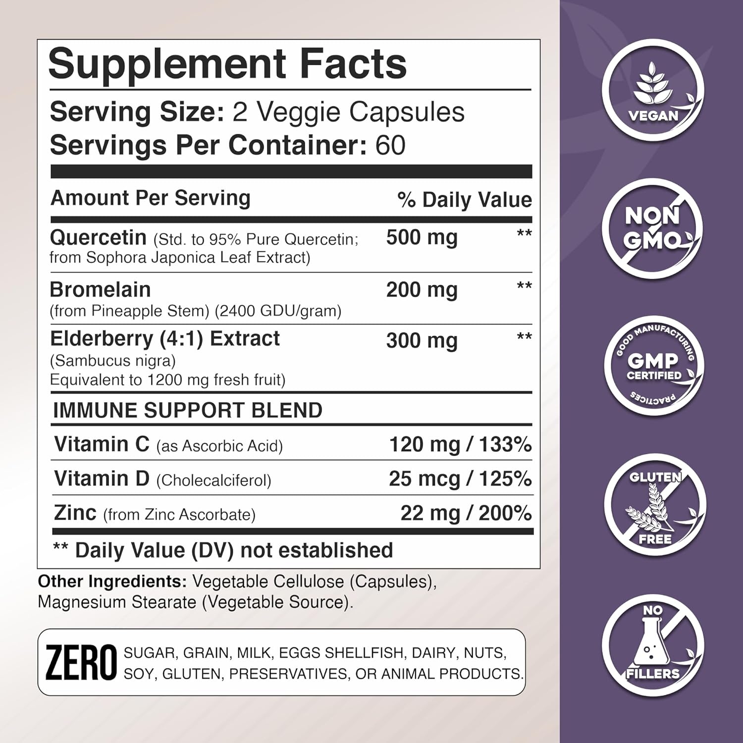 Immune Support Bundle: Quercetin, Bromelain, Elderberry, Vitamin C, Zinc, and Vitamin D3 - 2 Months Supply