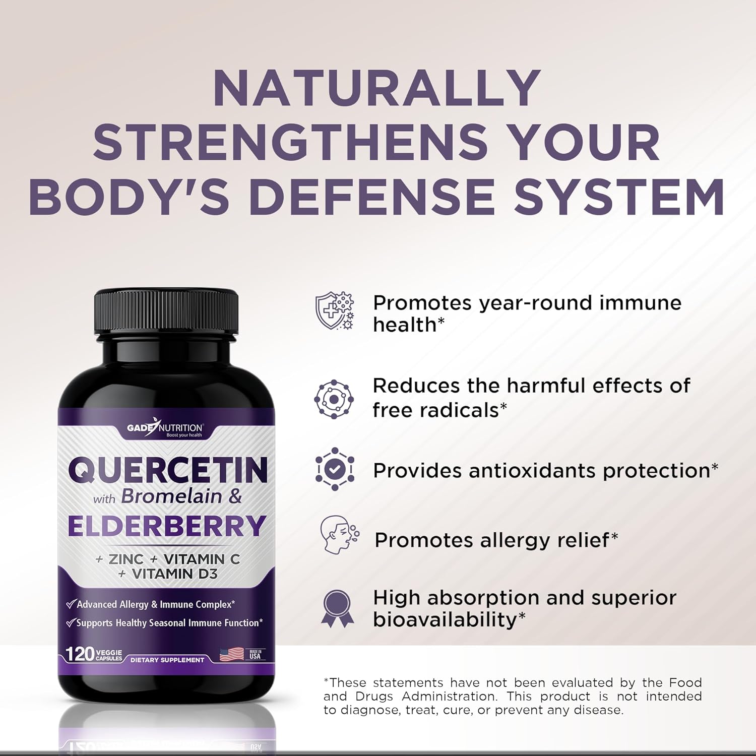 Immune Support Bundle: Quercetin, Bromelain, Elderberry, Vitamin C, Zinc, and Vitamin D3 - 2 Months Supply