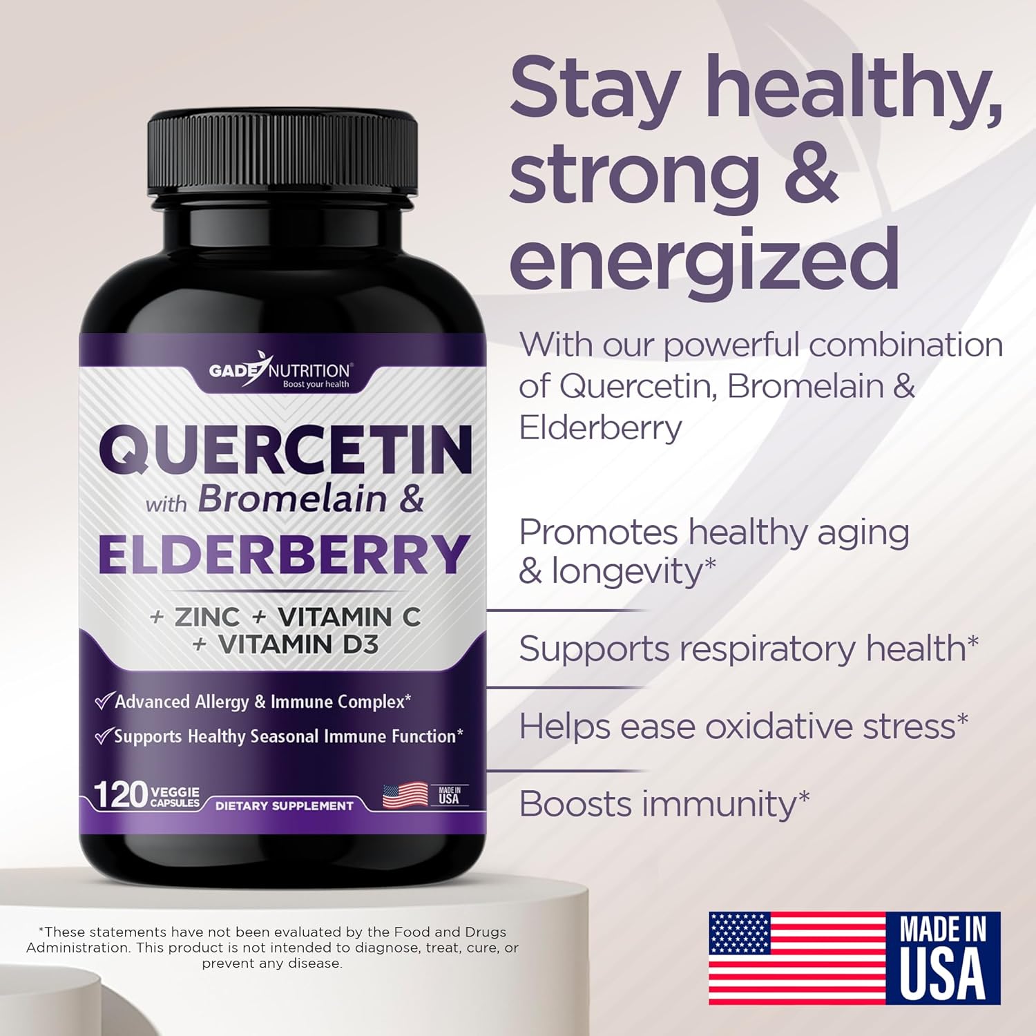 Immune Support Bundle: Quercetin, Bromelain, Elderberry, Vitamin C, Zinc, and Vitamin D3 - 2 Months Supply