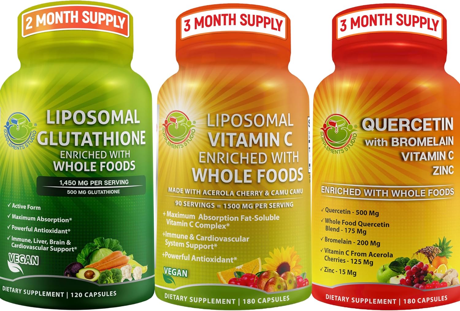 Immune Support Bundle: Vitamin C, Liposomal Glutathione, Quercetin, Bromelain - Antioxidant & Respiratory Health Boost