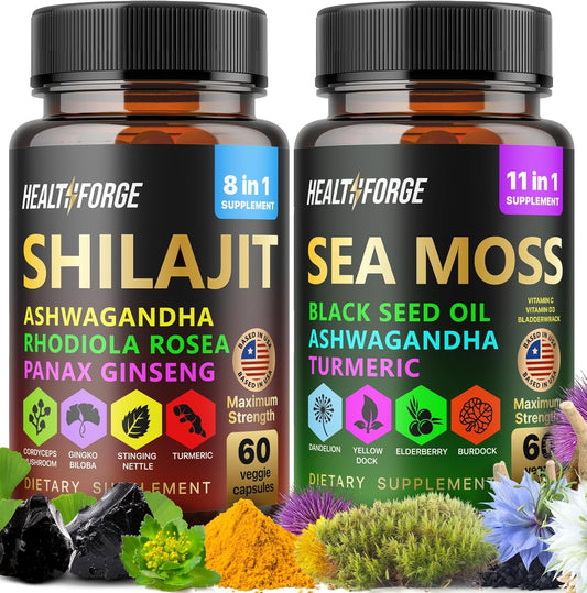 Immune Support Capsules Set: Shilajit, Ashwagandha, Sea Moss, Black Seed Oil, Turmeric - for Men and Women