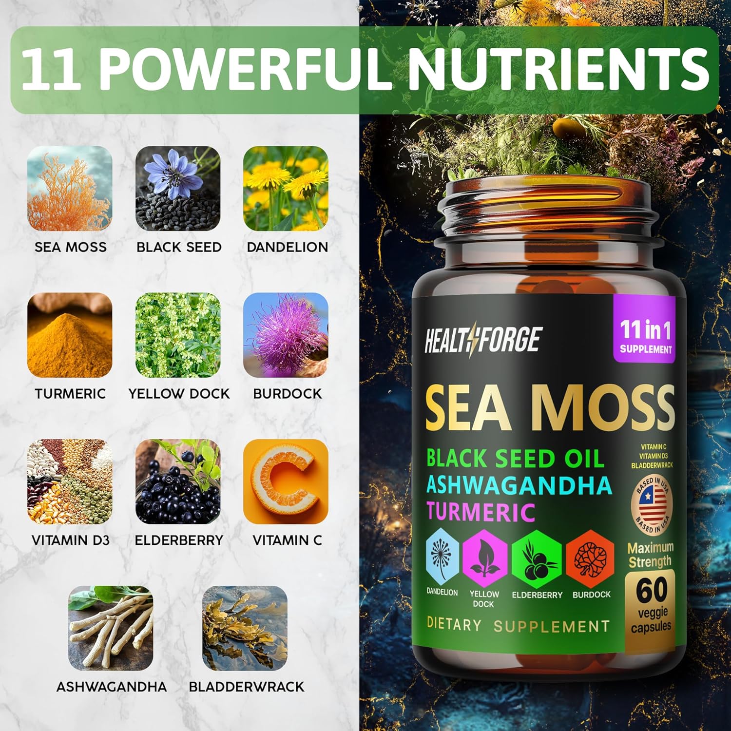 Immune Support Capsules Set: Shilajit, Ashwagandha, Sea Moss, Black Seed Oil, Turmeric - for Men and Women