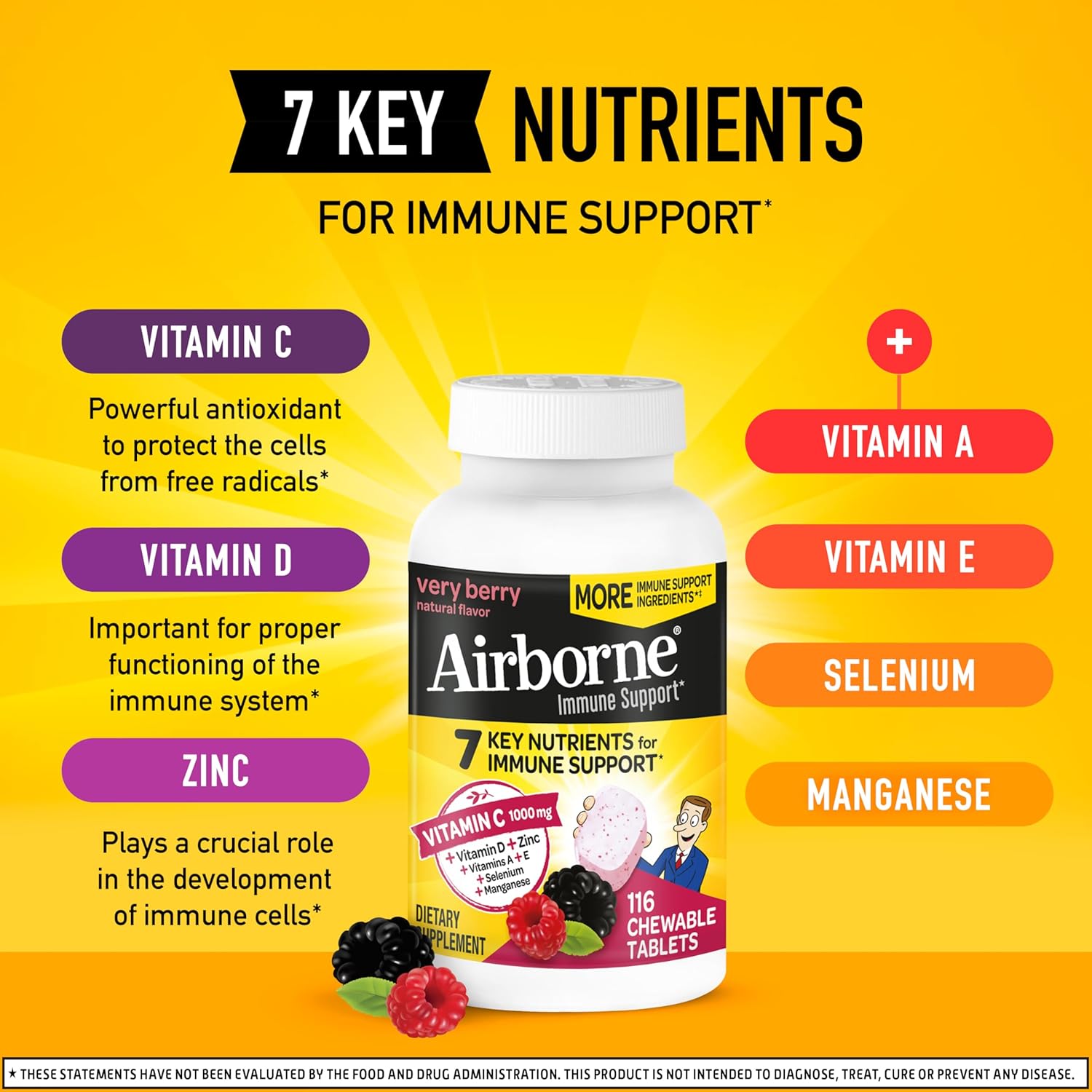 Immune Support Chewable Tablets with 1000mg Vitamin C, Vitamin D, and Zinc - Very Berry Flavor, 116 Tablets