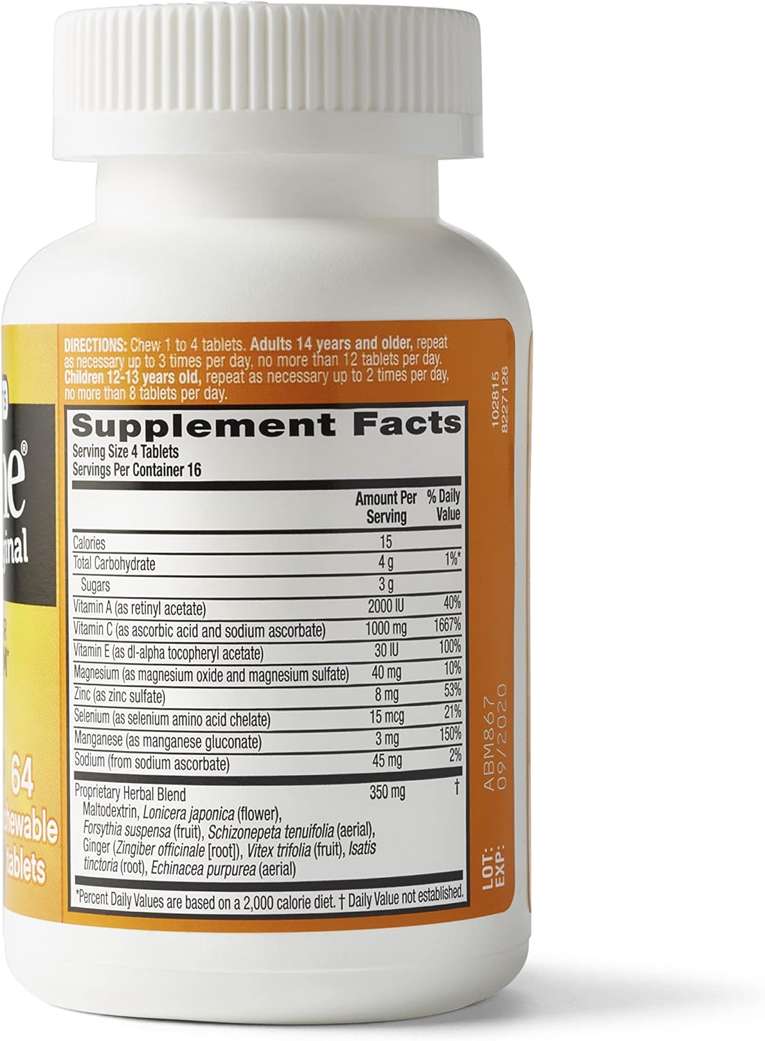 Immune Support Citrus Chewable Tablets with Vitamin C 1000mg - Gluten-Free Supplement with Antioxidants, Zinc, Echinacea, and Ginger