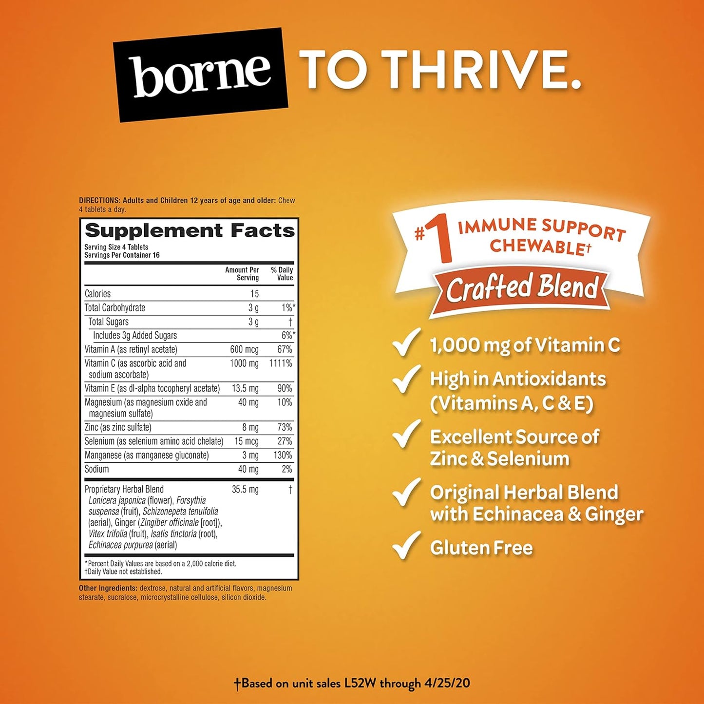 Immune Support Citrus Chewable Tablets with Vitamin C 1000mg - Gluten-Free Supplement with Antioxidants, Zinc, Echinacea, and Ginger