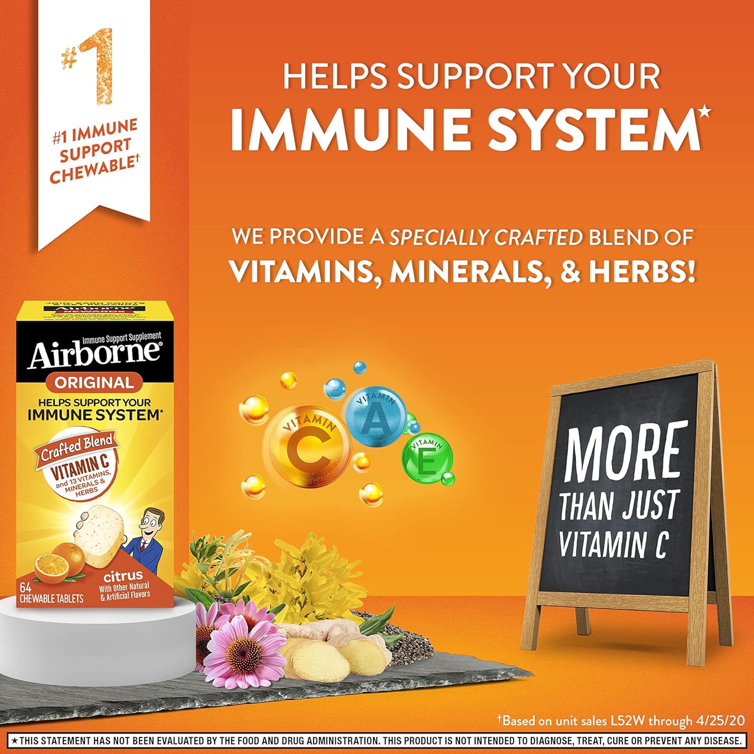 Immune Support Citrus Chewable Tablets with Vitamin C 1000mg - Gluten-Free Supplement with Antioxidants, Zinc, Echinacea, and Ginger