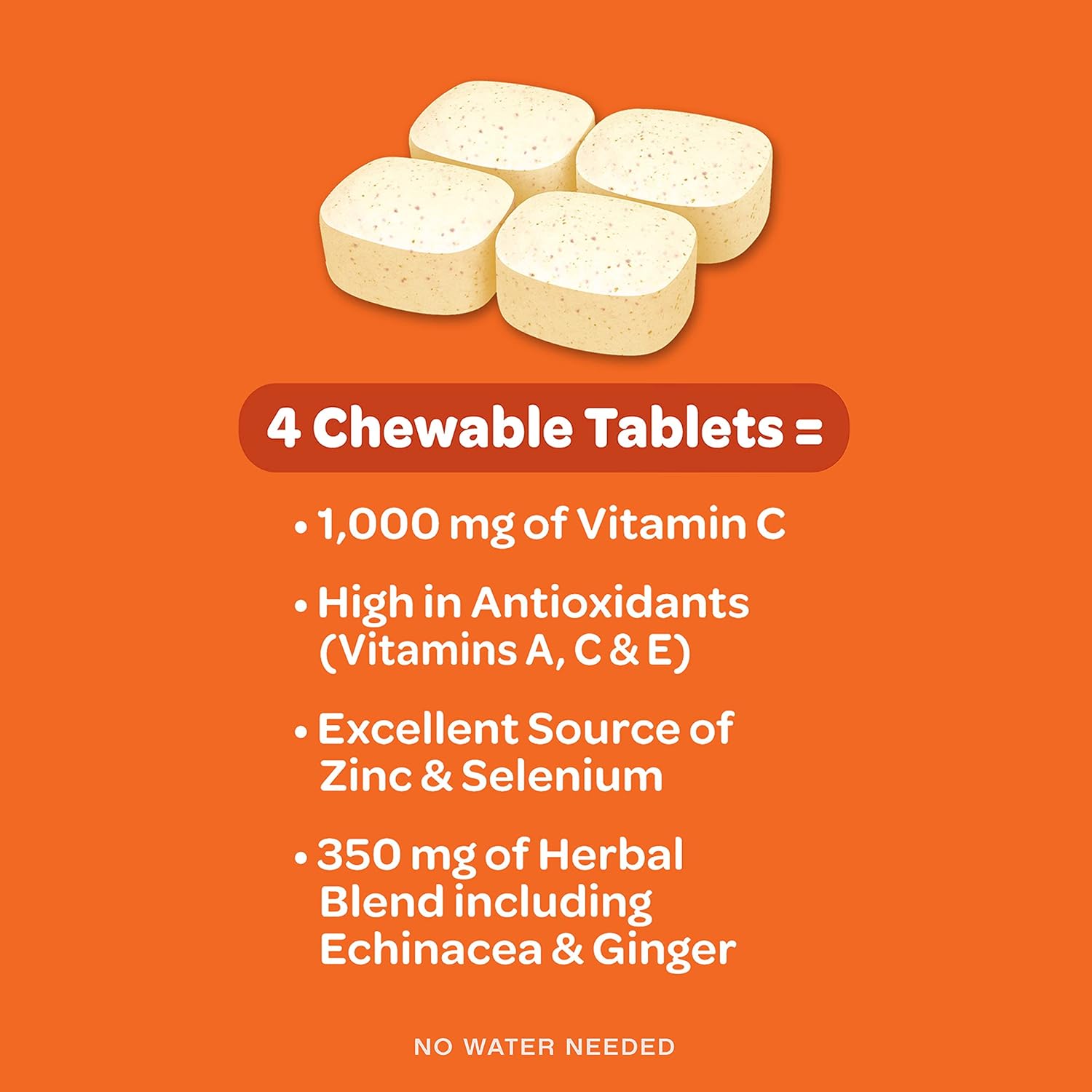 Immune Support Citrus Chewable Tablets with Vitamin C 1000mg - Gluten-Free Supplement with Antioxidants, Zinc, Echinacea, and Ginger