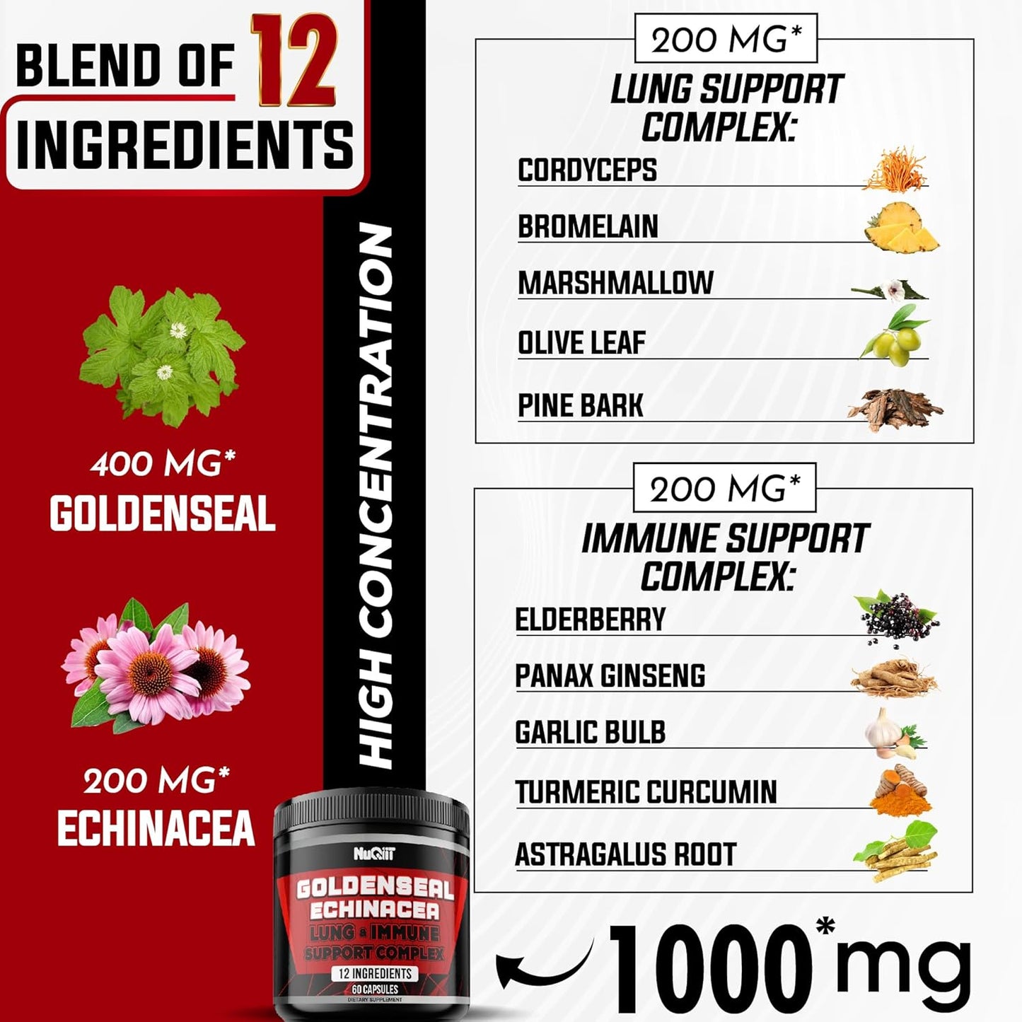 Immune Support Complex Capsules with Goldenseal Root, Echinacea, and Panax Ginseng - 60 Count for Digestive Health and Body Balance