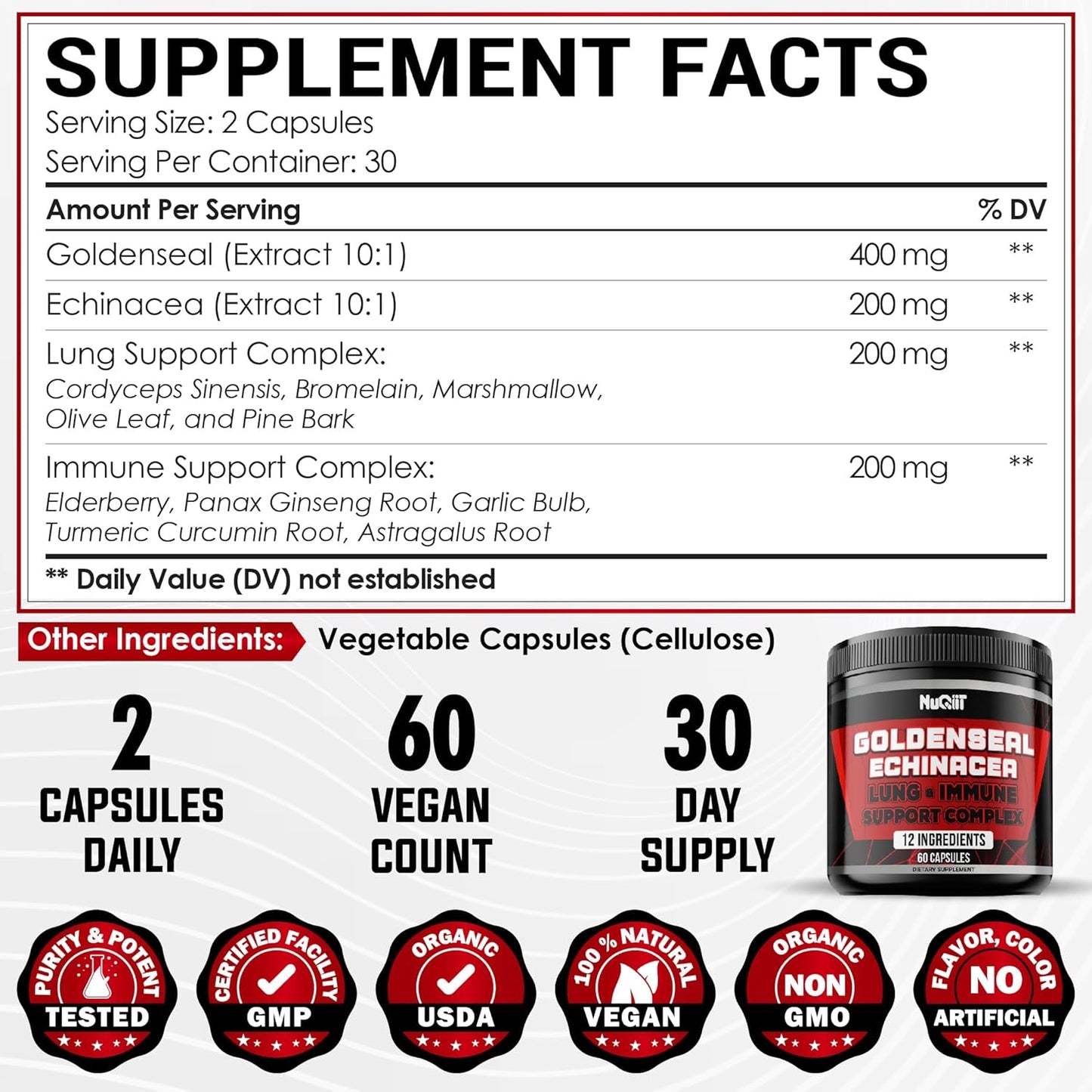 Immune Support Complex Capsules with Goldenseal Root, Echinacea, and Panax Ginseng - 60 Count for Digestive Health and Body Balance