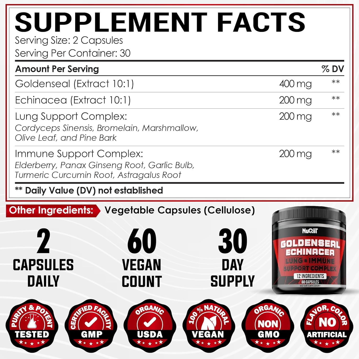 Immune Support Complex Capsules with Goldenseal Root, Echinacea, and Panax Ginseng - 60 Count for Digestive Health and Body Balance