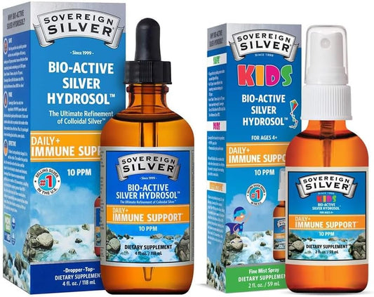 Immune Support Family Bundle: Sovereign Silver Bio-Active Silver Hydrosol - Dropper & Fine Mist, 4 oz & 2 oz