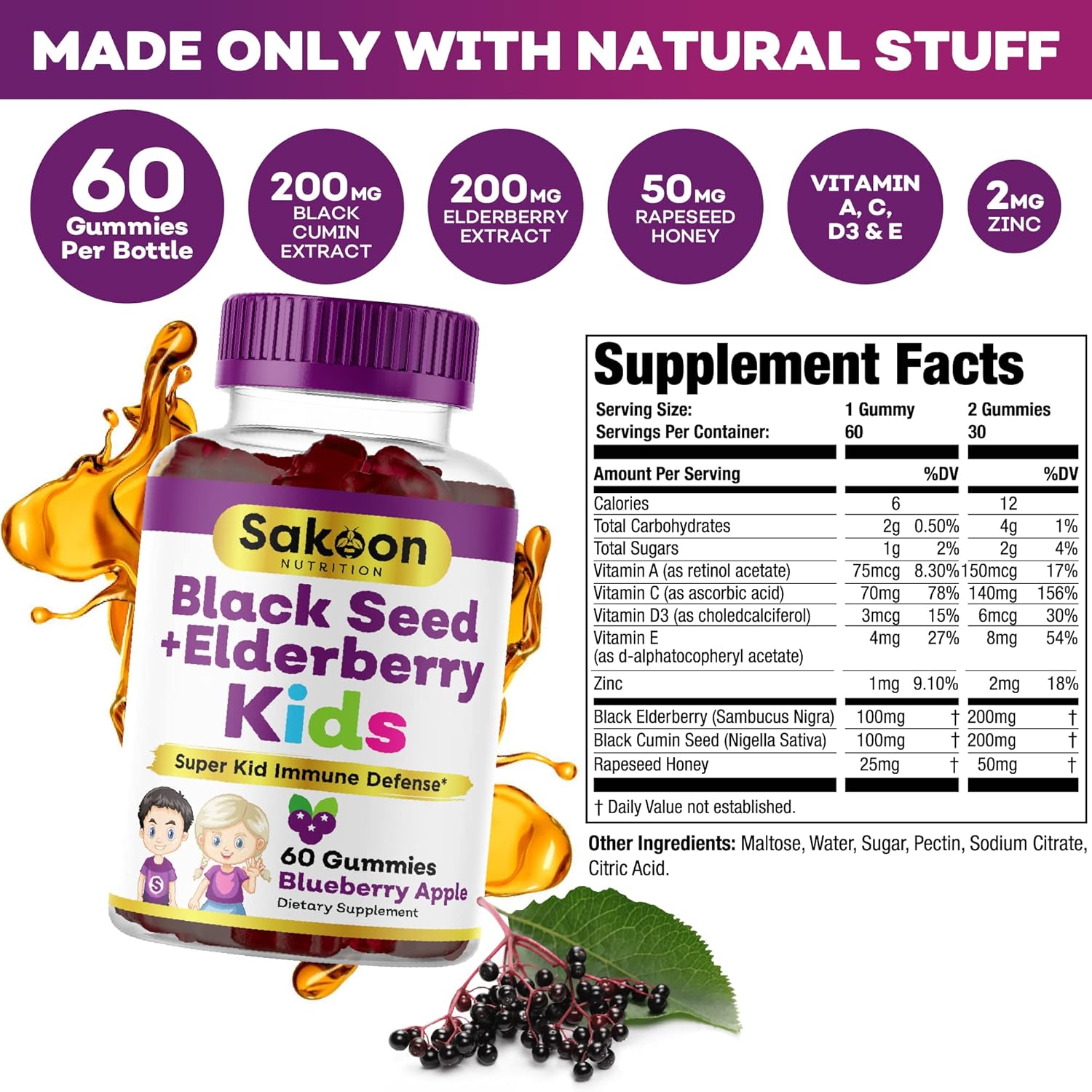 Immune Support Gummies for Kids with Elderberry, Black Seed Oil, Vitamin C & Zinc - Delicious Berry Flavor, 60 Gummies