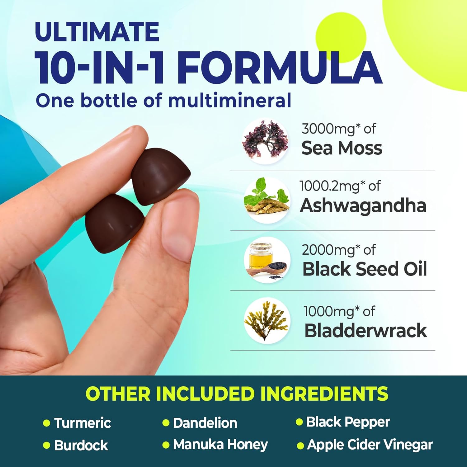 Immune Support Gummies with Sea Moss, Ashwagandha, Black Seed Oil, Bladderwrack, Burdock, Turmeric, Apple Cider Vinegar, and Manuka Honey - 120 Count
